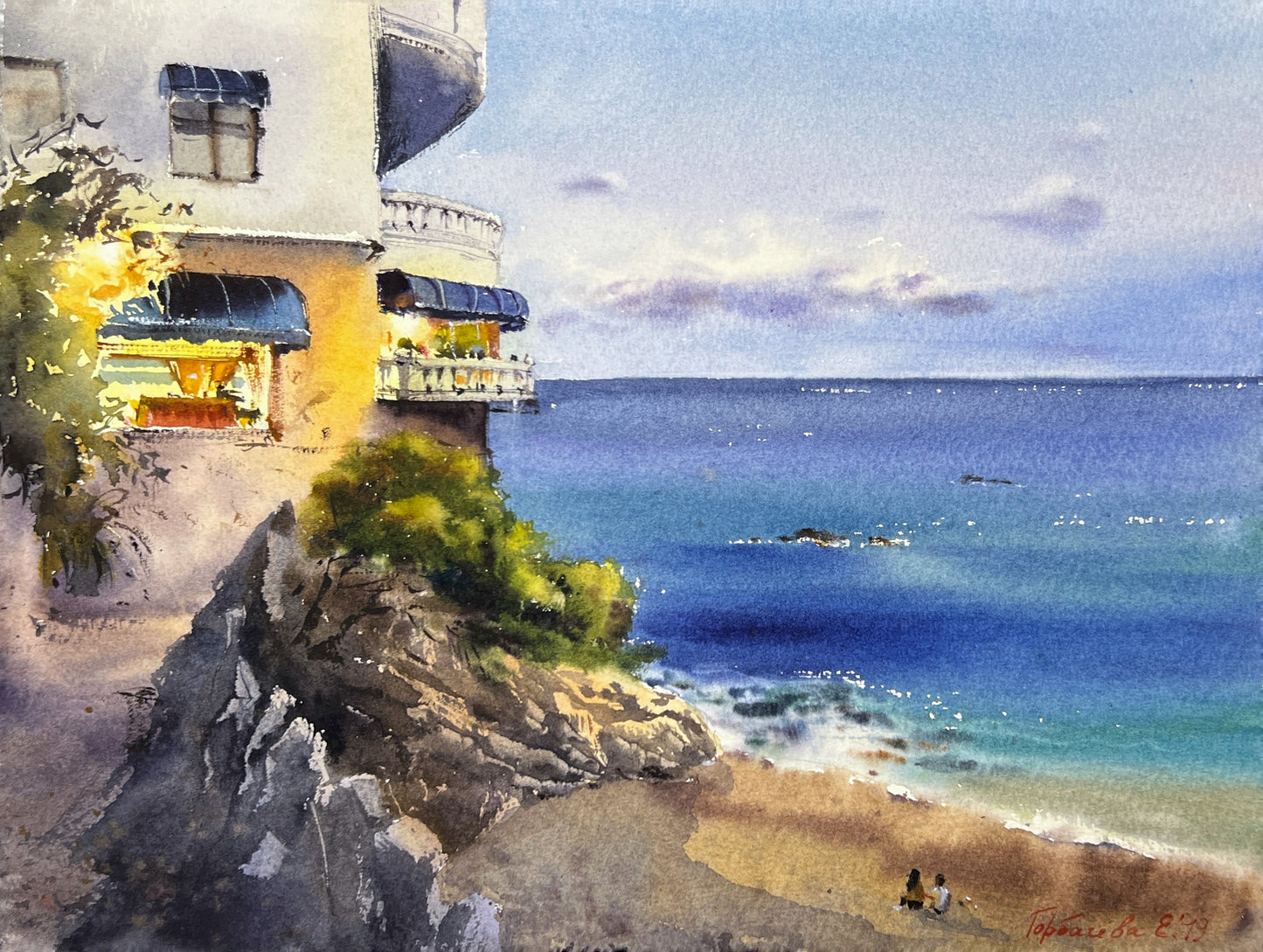 Original Painting of Spanish Beach Hotel, Watercolor Art, Coast of Spain, Coastal Town, Costa Brava