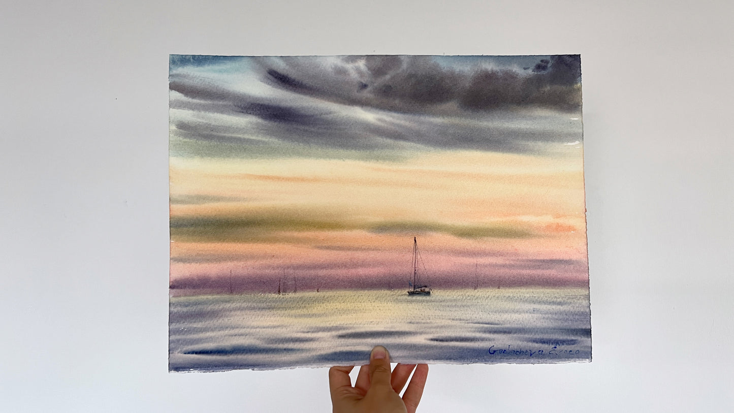 Painting Original, Sailboat Watercolor, Seascape Art, Coastal Sunset, Yachting Office Wall Decor, Blue, Orange, Pink