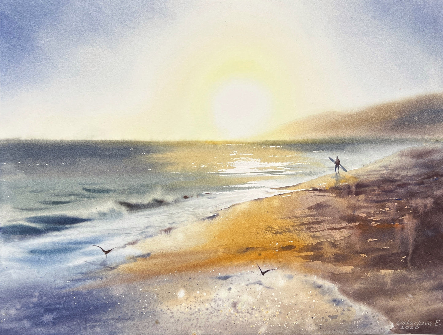 Original Watercolor Painting - "Surfer by the Ocean" - 16x12 in Ocean Art