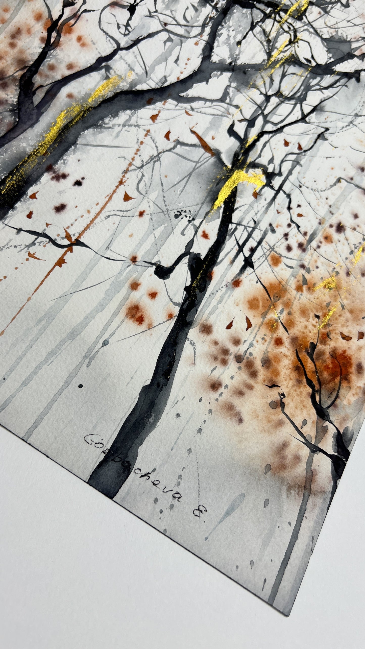 Abstract Tree Painting, Original Watercolor Artwork, Fall Forest, Modern Wall Art, Burnt Orange, Black, Unique Gift