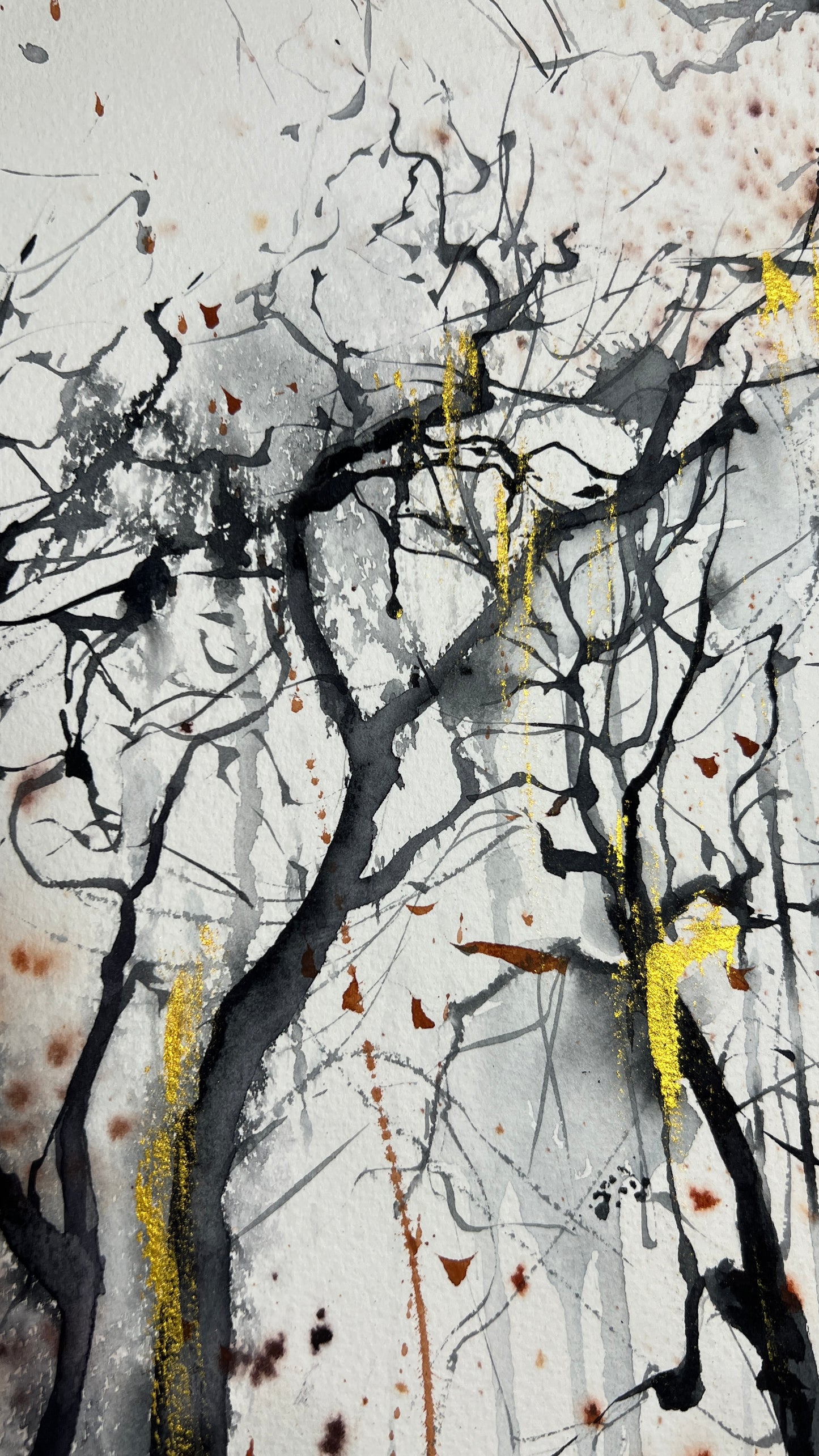 Abstract Tree Painting, Original Watercolor Artwork, Fall Forest, Modern Wall Art, Burnt Orange, Black, Unique Gift