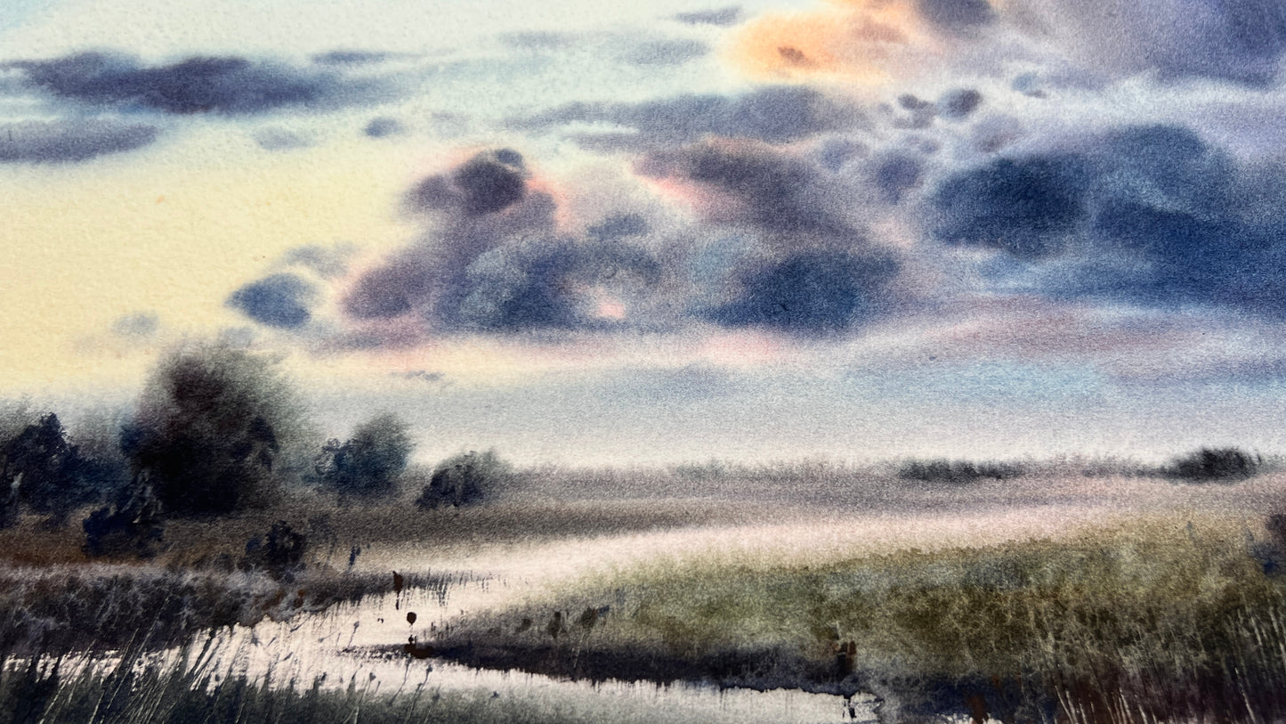 Foggy Landscape Painting, Original Watercolor, Country House Wall Decor, Scenery Painting With Field In An Early Morning