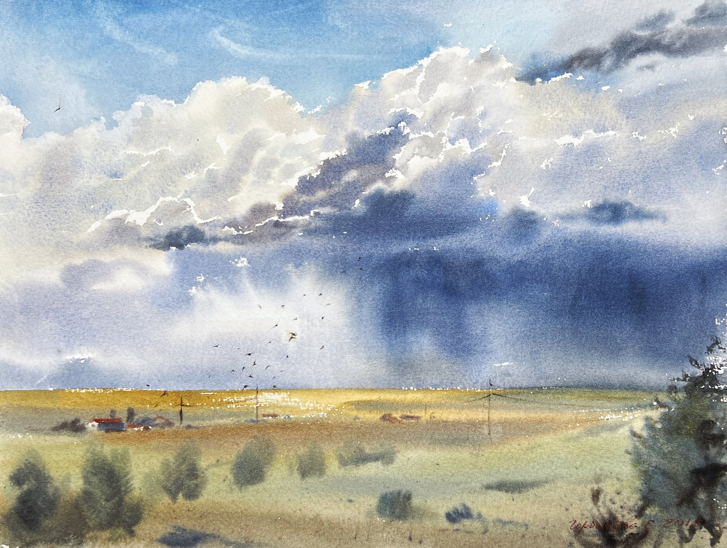 Country Landscape Painting, Watercolor Original Artwork, Nature Art, Rainy Day, Rural Wall Decor, Cloud Sky, Gift