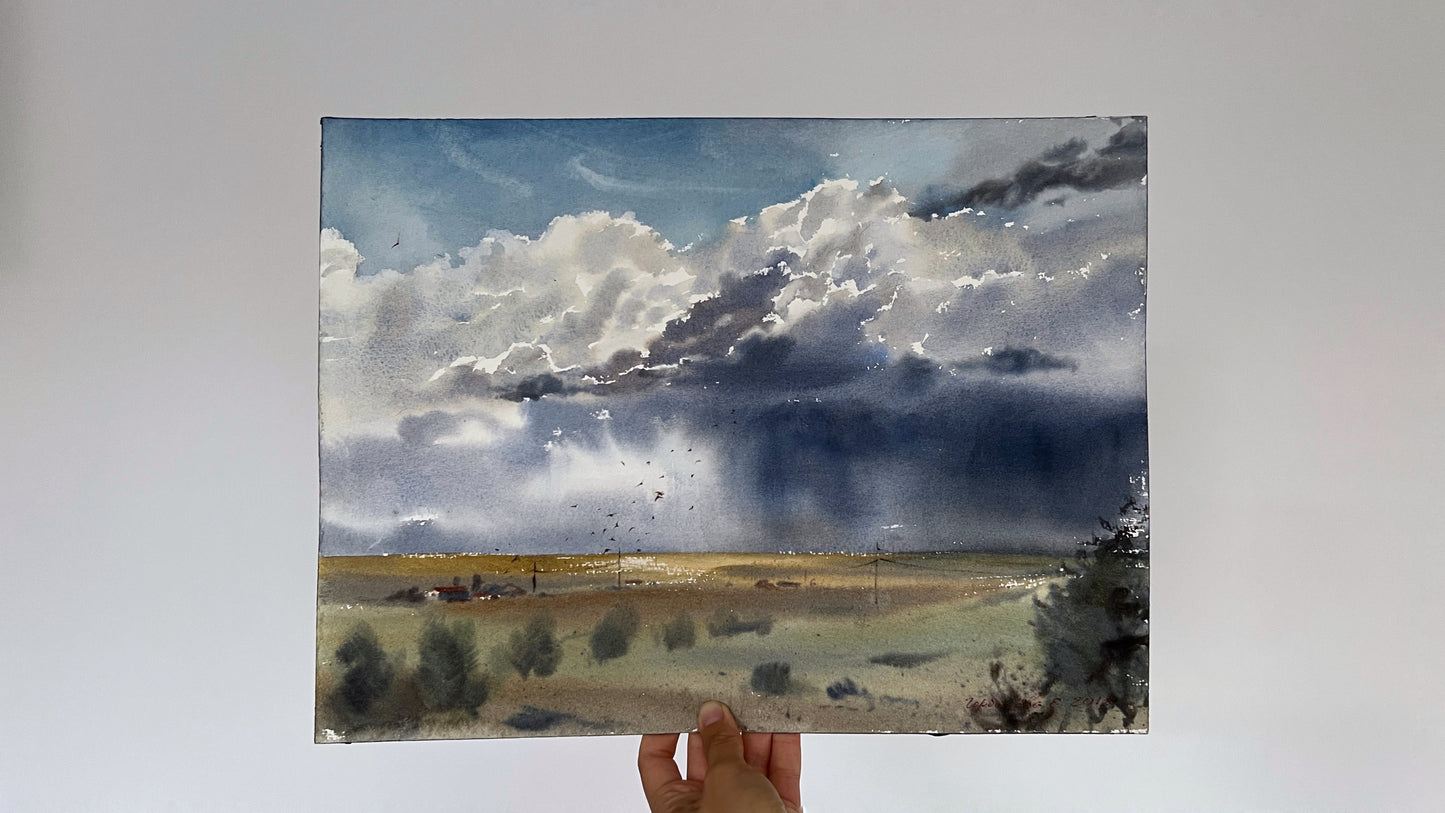 Country Landscape Painting, Watercolor Original Artwork, Nature Art, Rainy Day, Rural Wall Decor, Cloud Sky, Gift