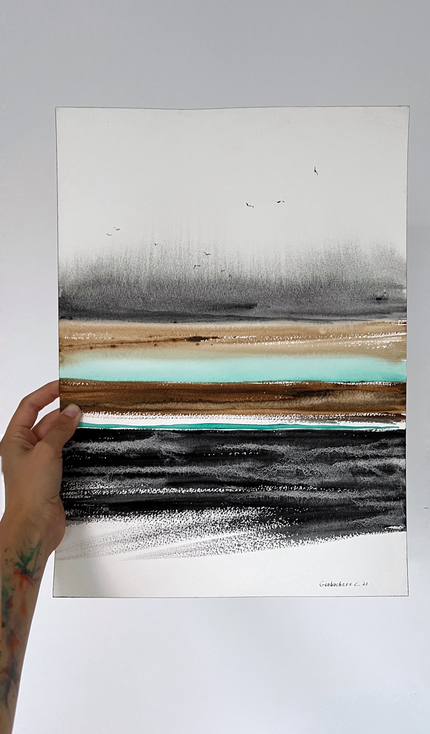 River Valley Abstract Painting - Watercolor in Gray, Burnt Orange, Turquoise Tones
