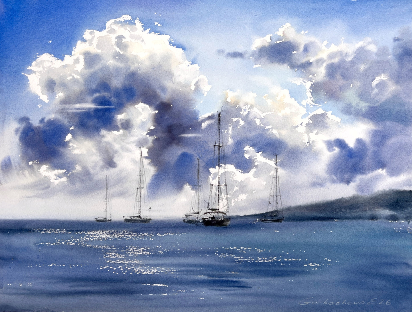 Original Seascape Watercolor Painting, Sailing Yachts Wall Art, Chasing White Clouds 12x16