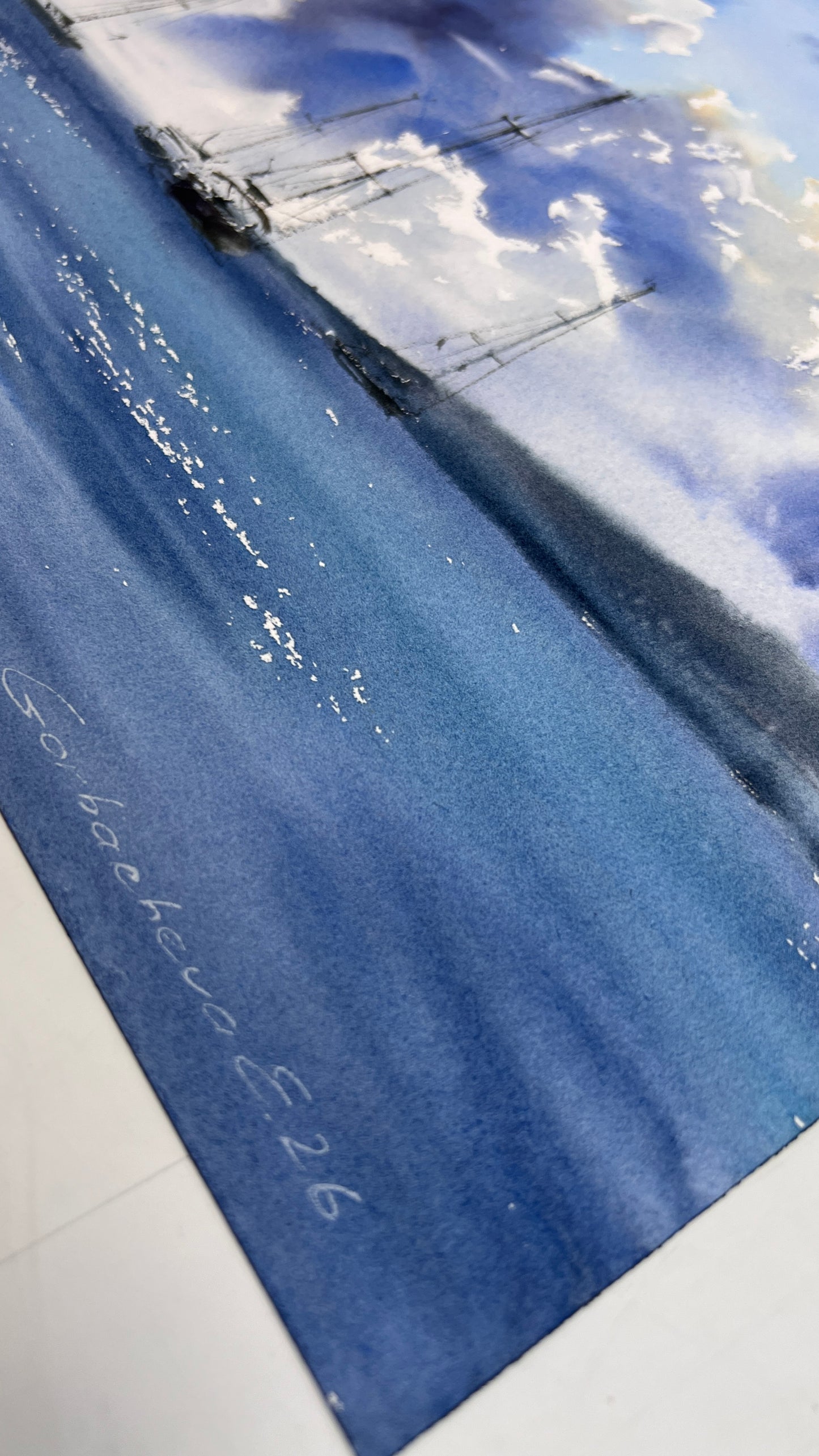Original Seascape Watercolor Painting, Sailing Yachts Wall Art, Chasing White Clouds 12x16