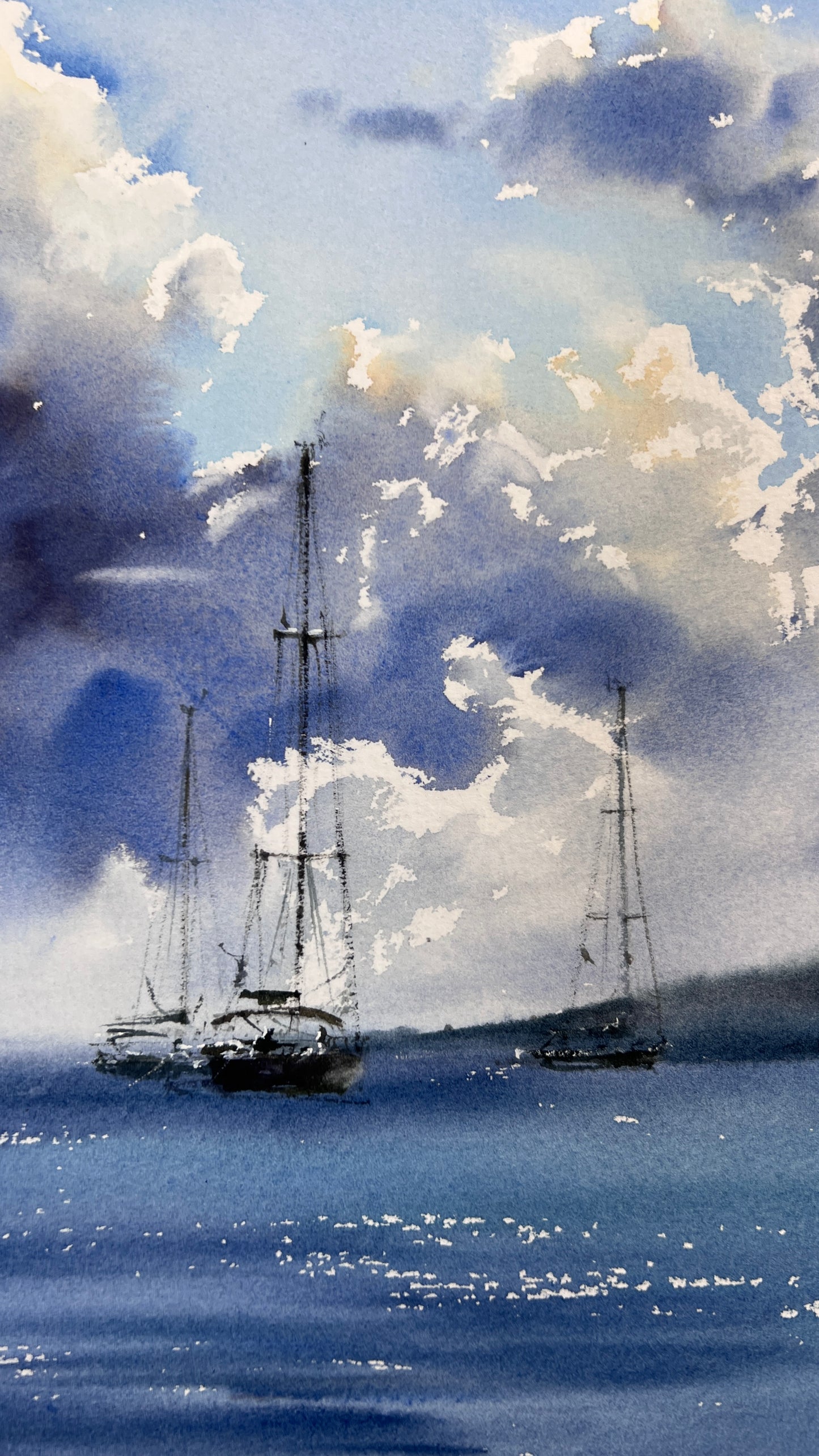 Original Seascape Watercolor Painting, Sailing Yachts Wall Art, Chasing White Clouds 12x16