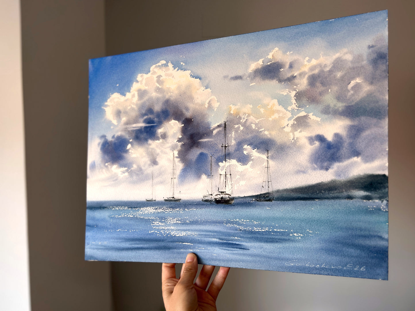 Original Seascape Watercolor Painting, Sailing Yachts Wall Art, Chasing White Clouds 12x16