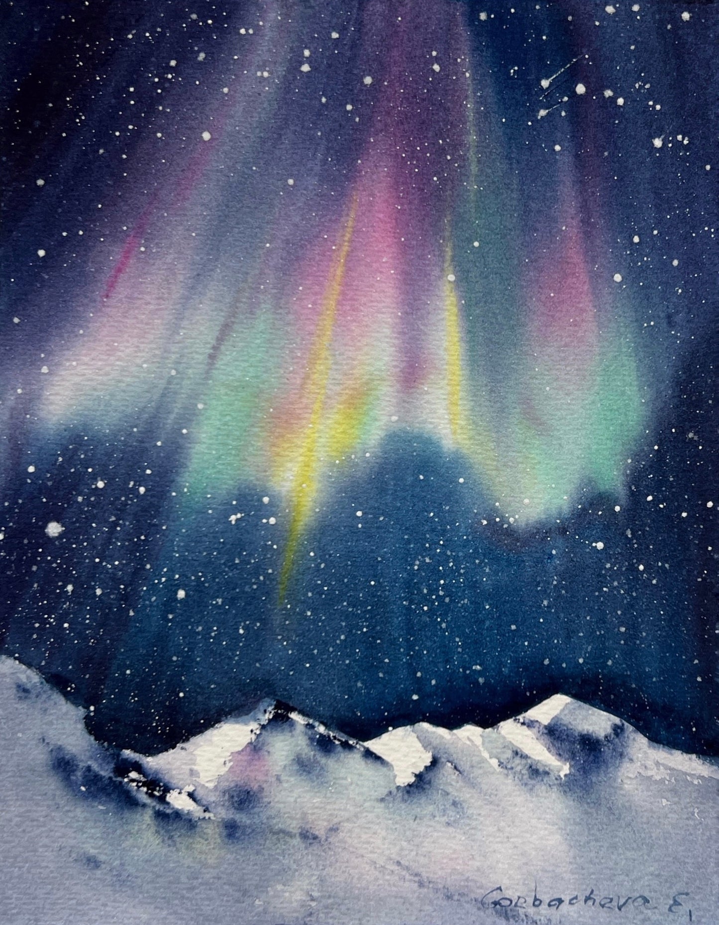 Small Watercolor Painting 'Northern Lights #8', Original Aurora Borealis Art, Christmas Gift