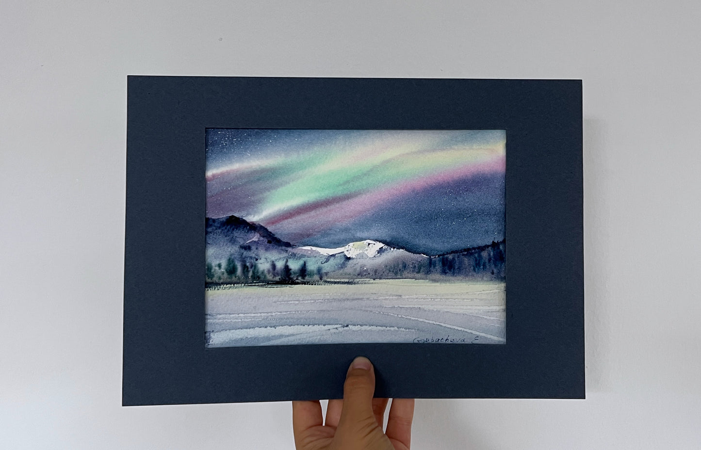 Northern Lights Small Painting Watercolor Original, Aurora Borealis Wall Art, Winter Nordic Landscape