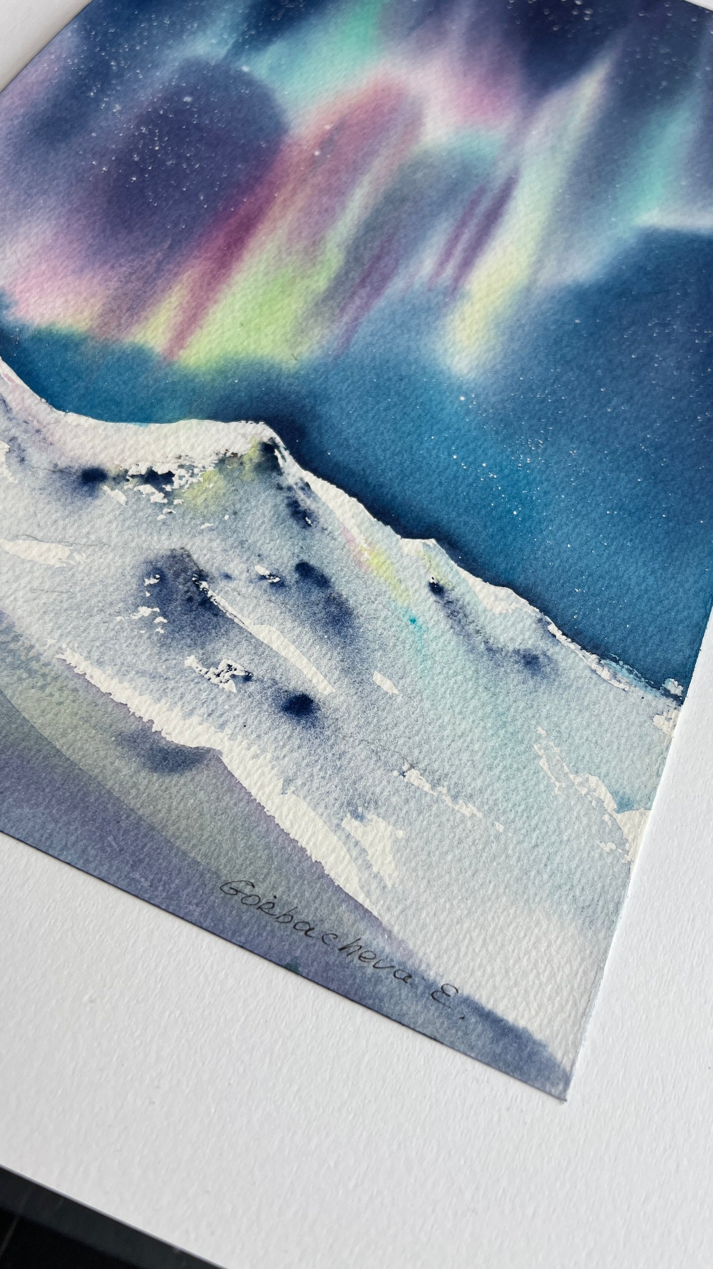 Aurora Borealis Painting Watercolor Original, Northern lights, Winter Mountain Landscape, Nordic Wall Art