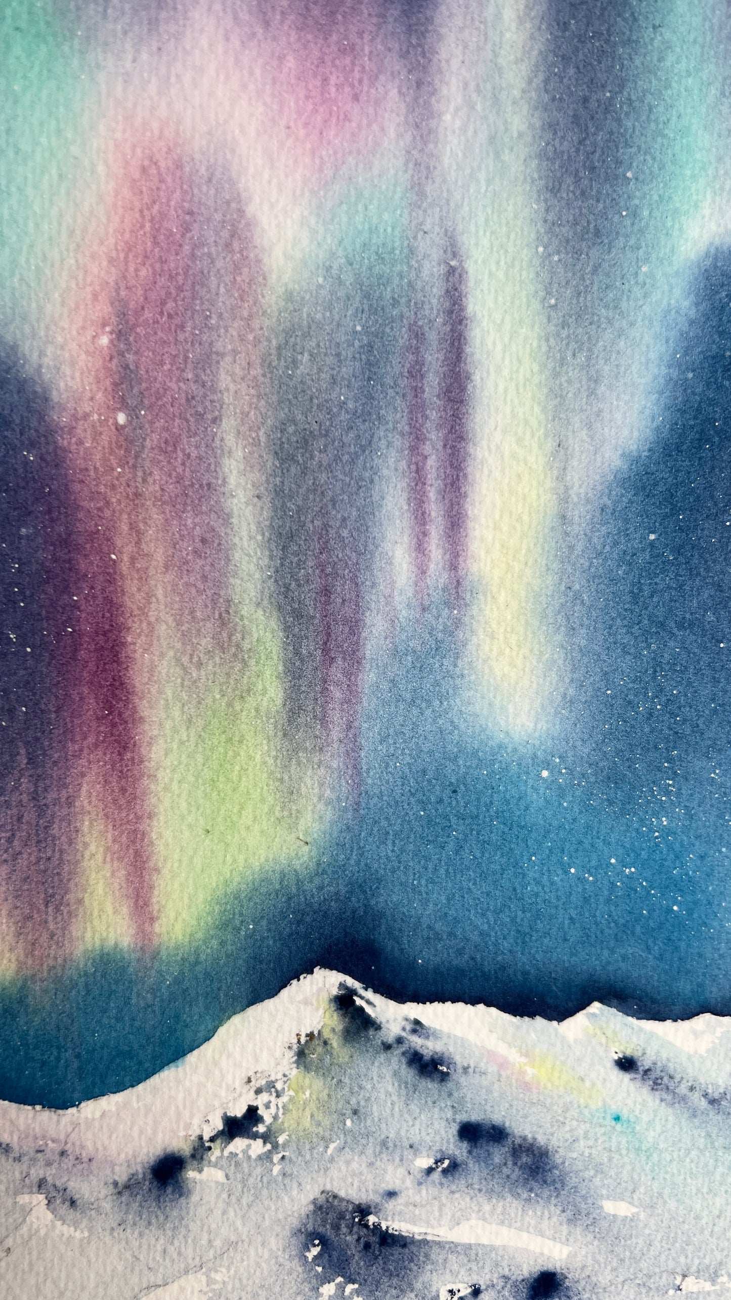 Aurora Borealis Painting Watercolor Original, Northern lights, Winter Mountain Landscape, Nordic Wall Art