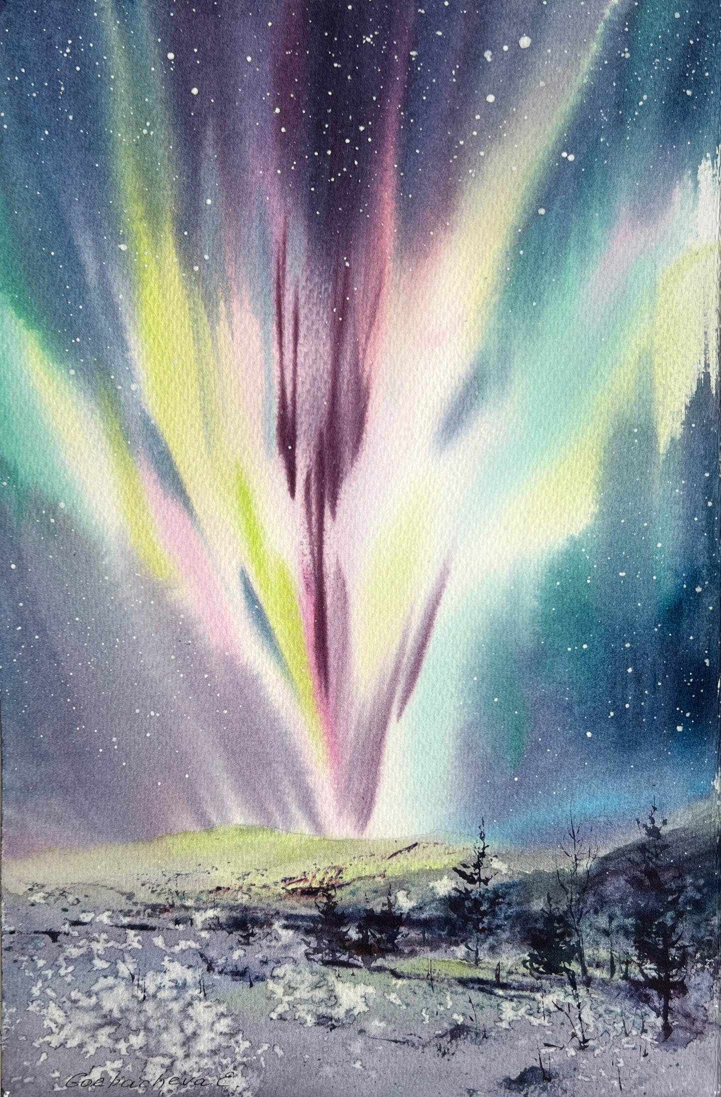 Aurora Borealis Painting Original Watercolor, Northern lights, Winter Landscape, Nordic Wall Art, Christmas Gift