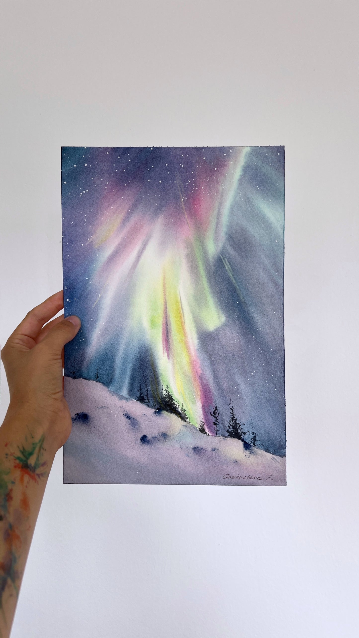 Small Painting Northern lights, Christmas Original Watercolor, Night Sky Artwork, Winter Landscape, Aurora Borealis