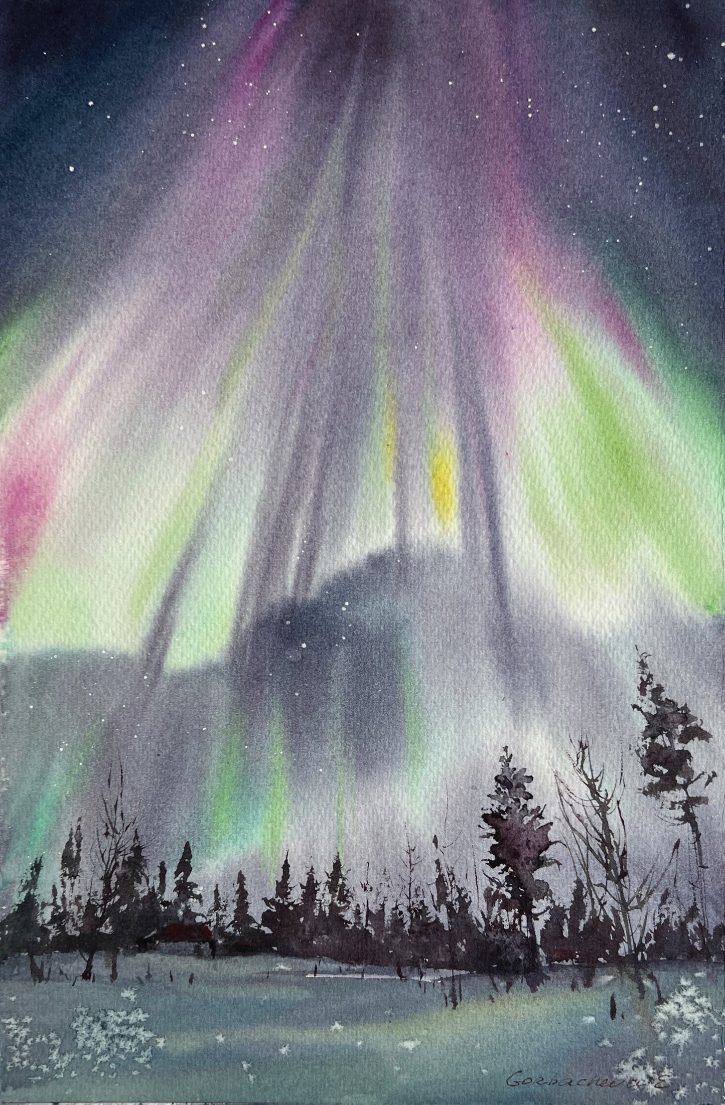 Small Painting Aurora Borealis, Christmas Gift, Original Watercolor, Night Sky Artwork, Winter Landscape, Northern lights