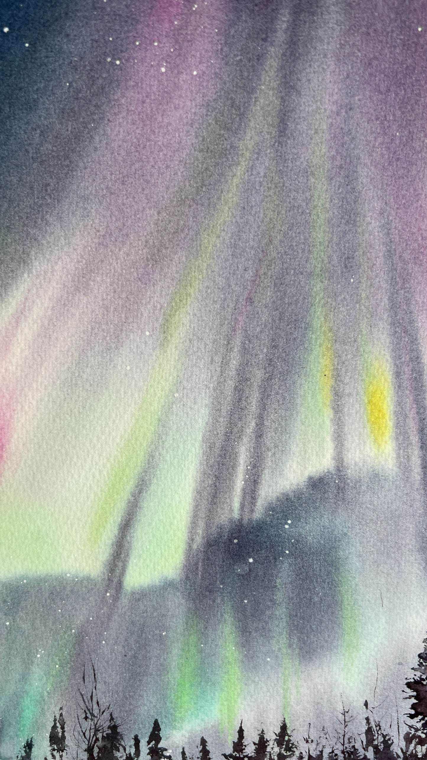 Small Painting Aurora Borealis, Christmas Gift, Original Watercolor, Night Sky Artwork, Winter Landscape, Northern lights