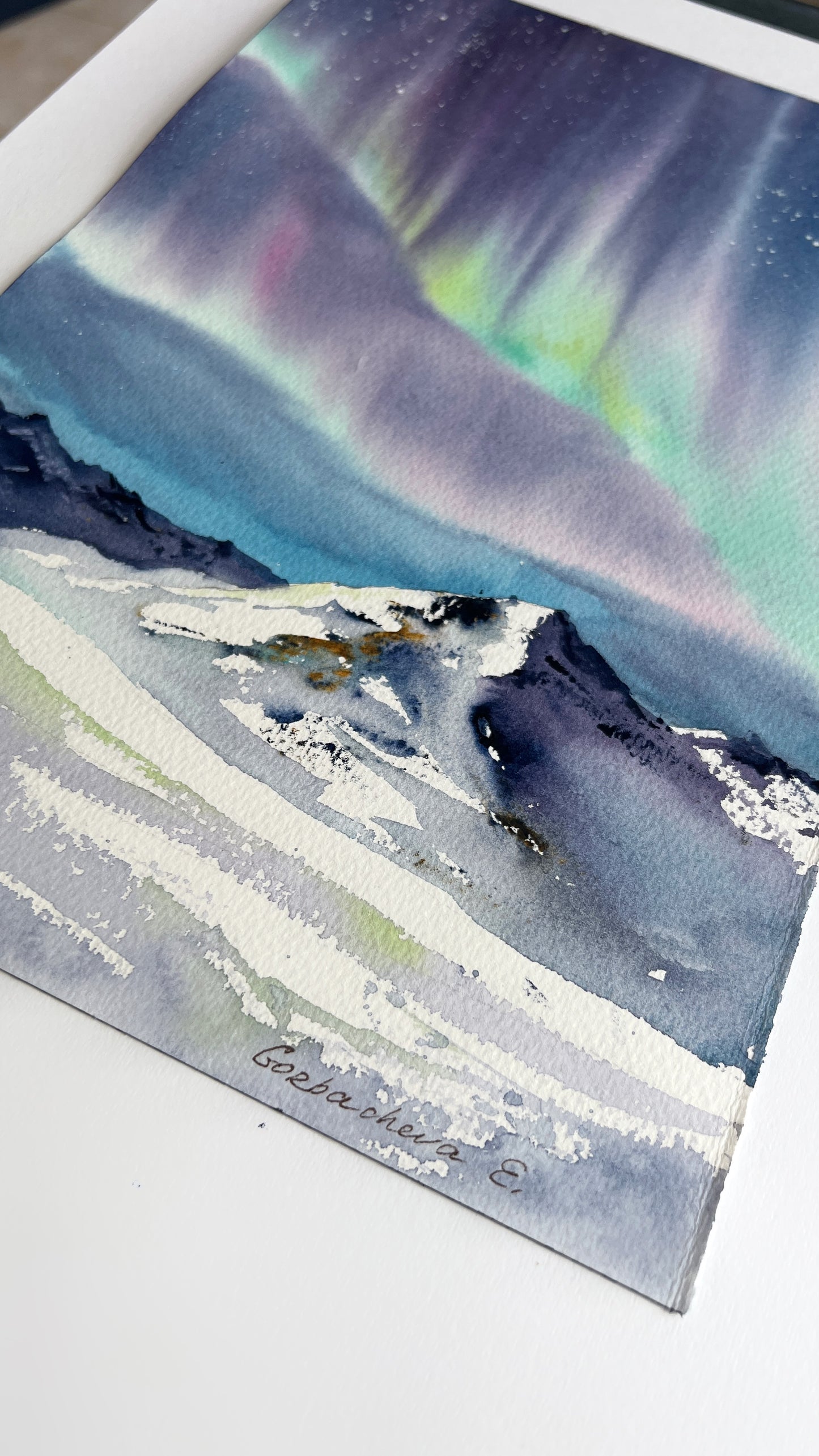 Aurora Borealis Painting Watercolor Original, Northern lights, Nordic Wall Art, Winter Mountain Landscape