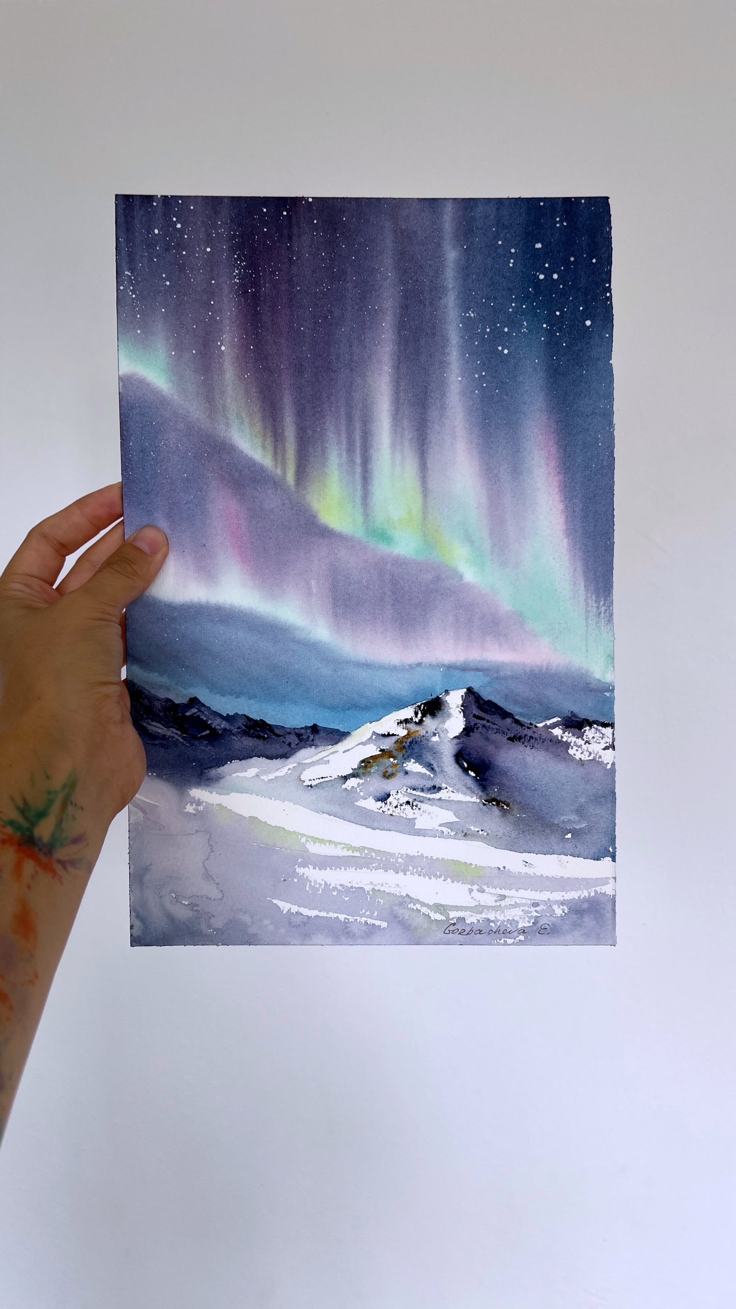Aurora Borealis Painting Watercolor Original, Northern lights, Nordic Wall Art, Winter Mountain Landscape