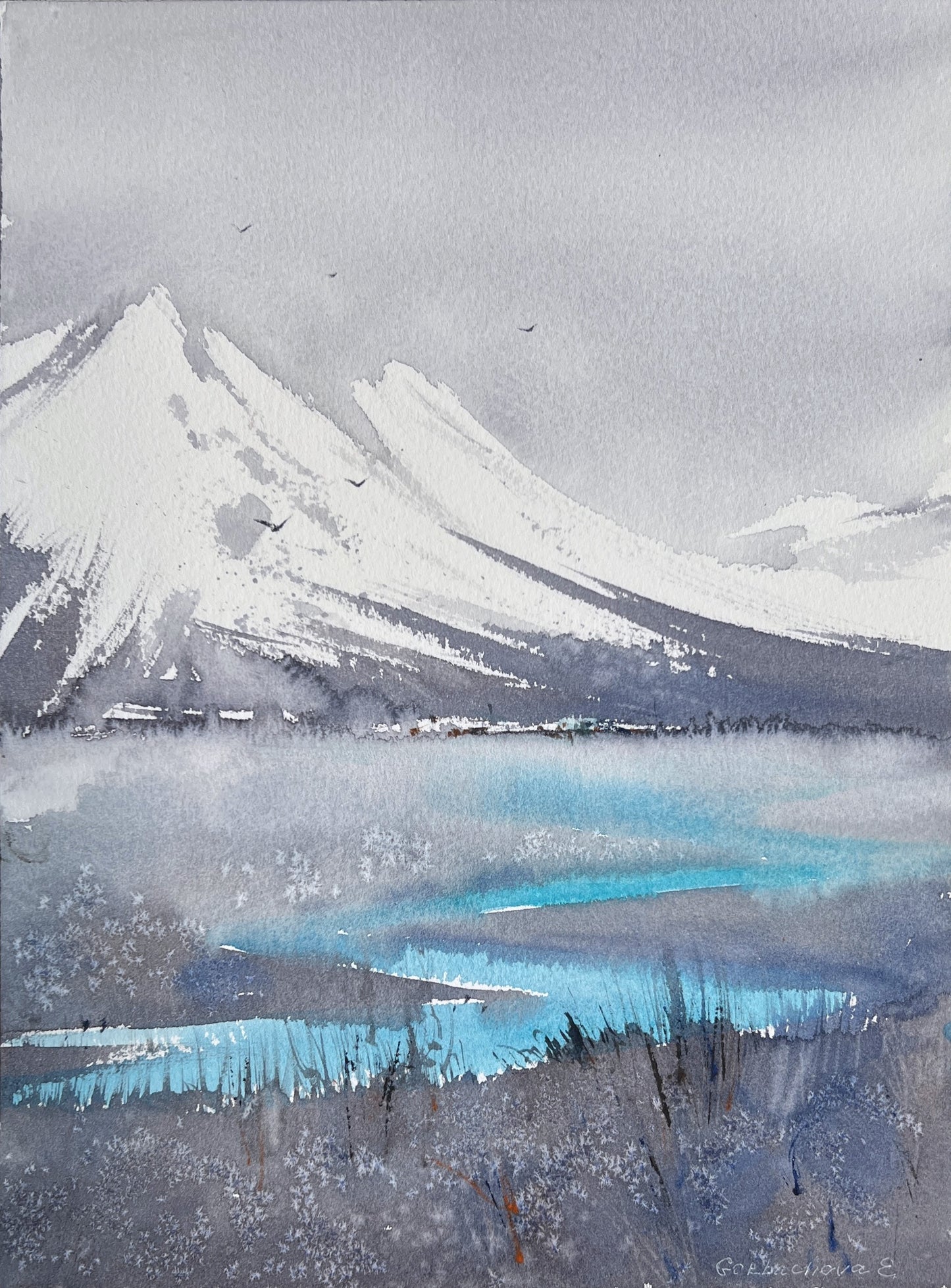 Original Watercolor Painting, Foggy Landscape - Mountain river #19