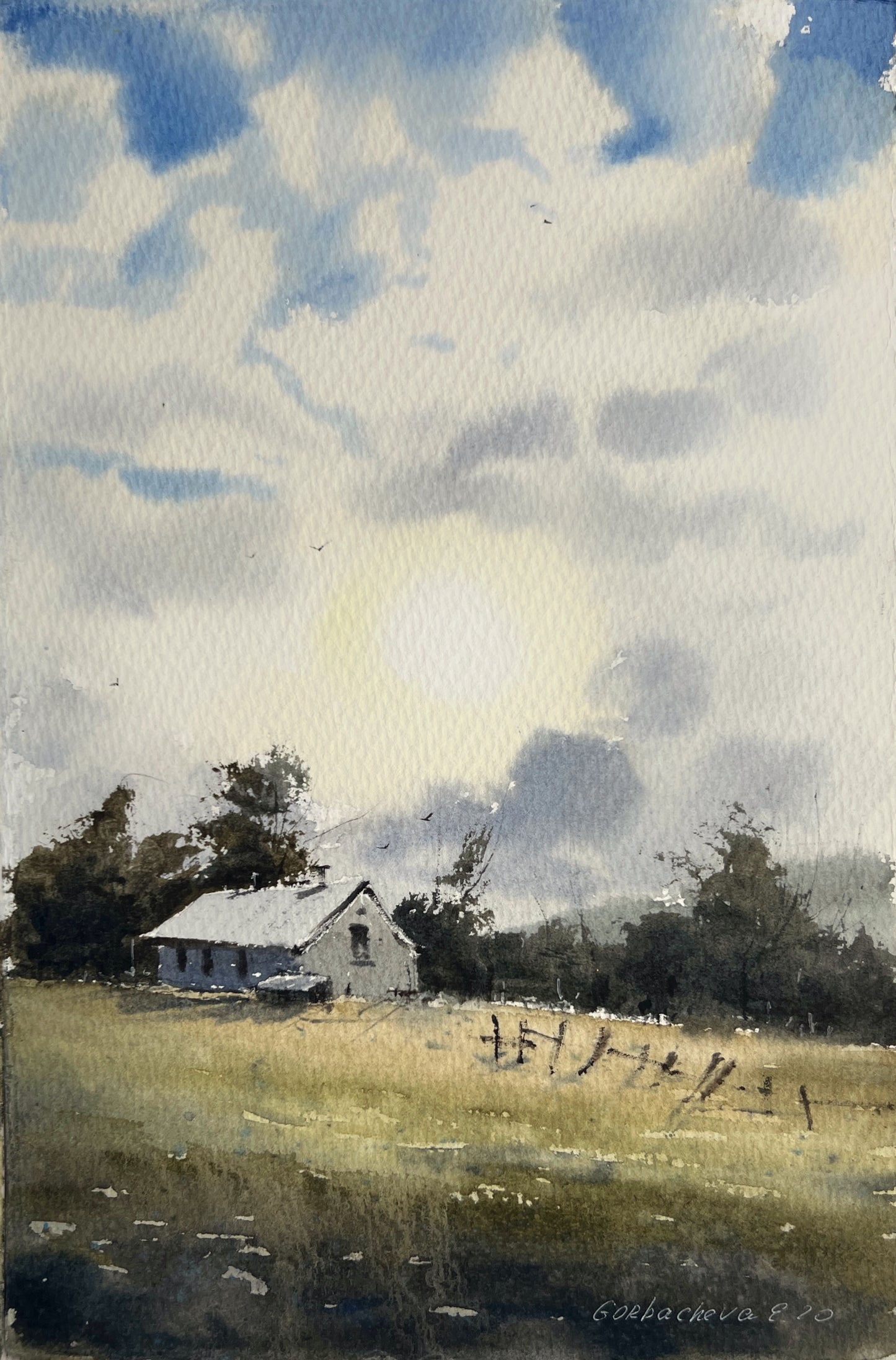 Countryside Painting Watercolor Original, Farmhouse Art - Morning on the Farm #3