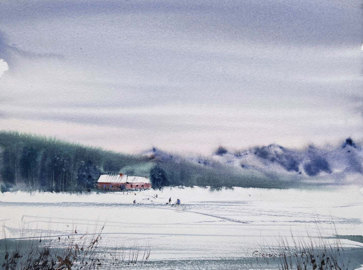 Winter Fishing Small Painting, Original Watercolor, Rural Artwork, Christmas Morning, Gift for Fishermen, Snowy Landscape