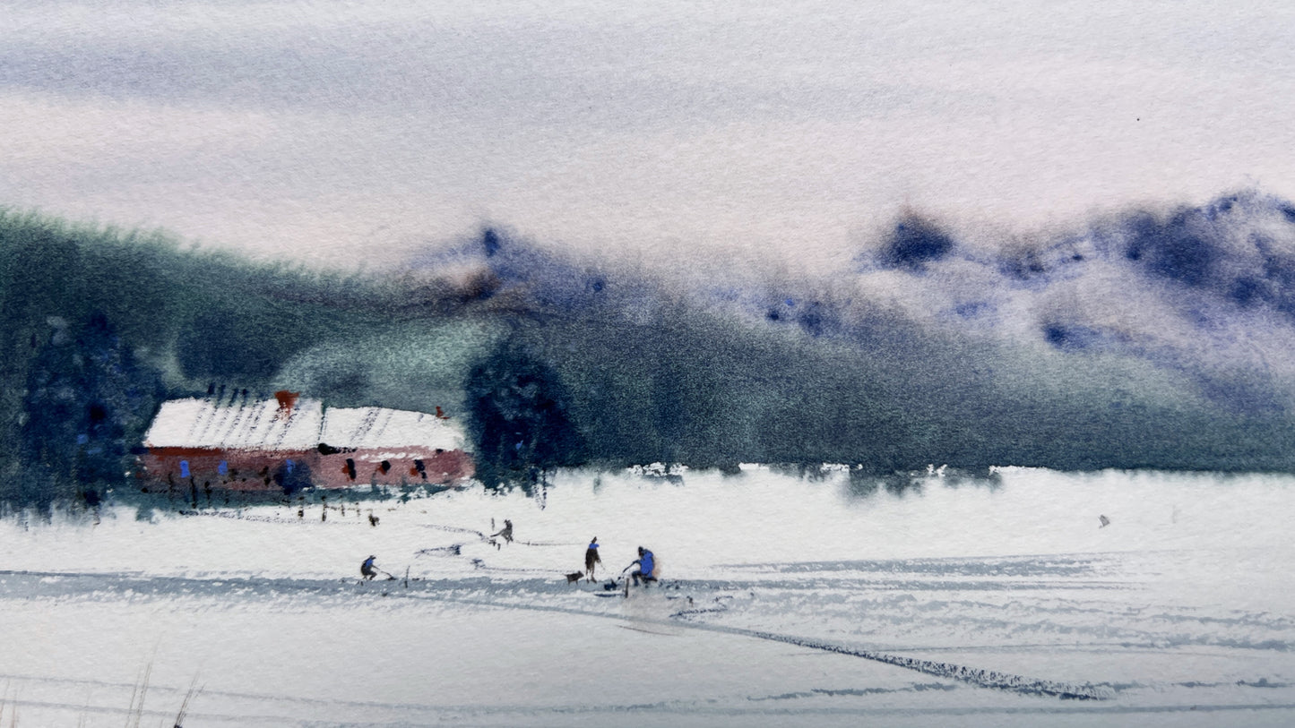 Winter Fishing Small Painting, Original Watercolor, Rural Artwork, Christmas Morning, Gift for Fishermen, Snowy Landscape