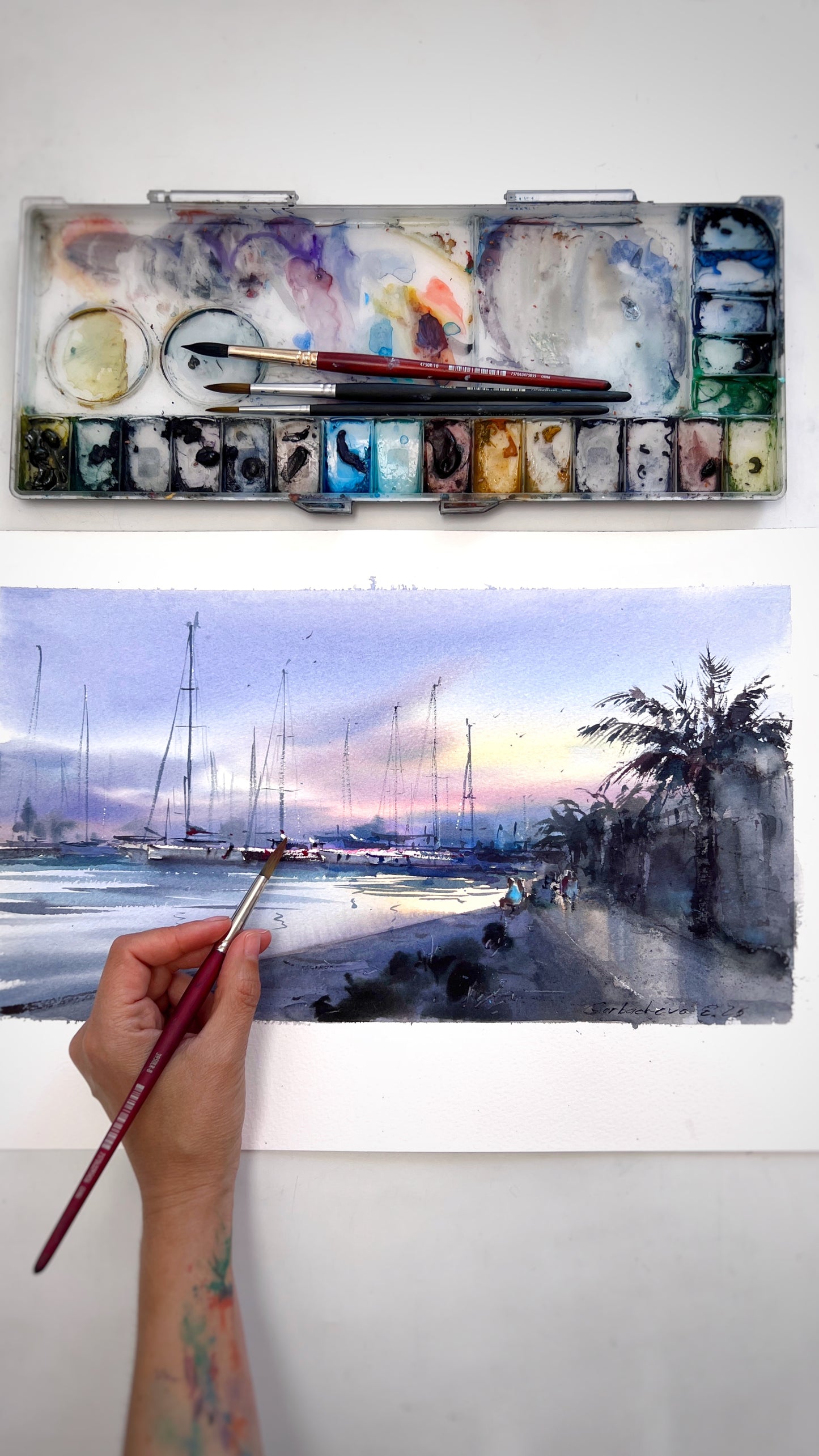 Original Valencia Marina Watercolor Painting | Spain Harbor Seascape | Valencia Twilight 8x15