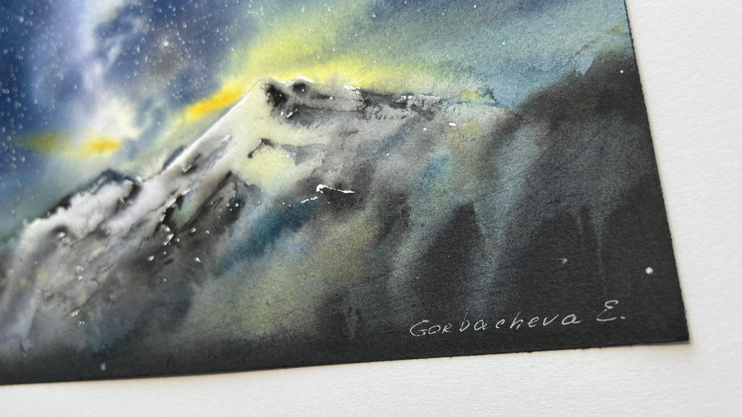 Milky Way Painting Original, Watercolor Starry Night, Mountain Art, Hand Painted Artwork, Galaxy Wall Decor