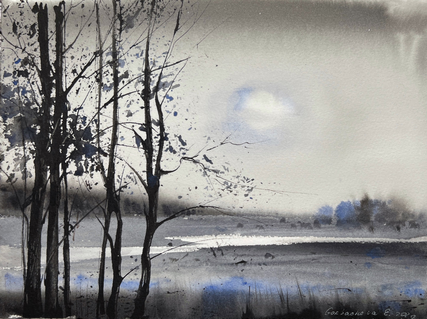 Monochrome Watercolor Original Painting - In the moonlight