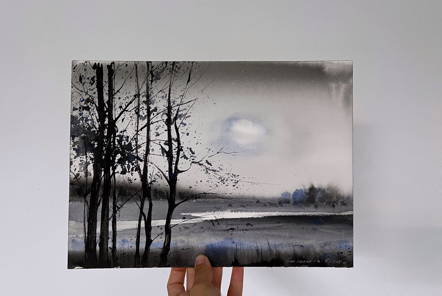 Monochrome Watercolor Original Painting - In the moonlight