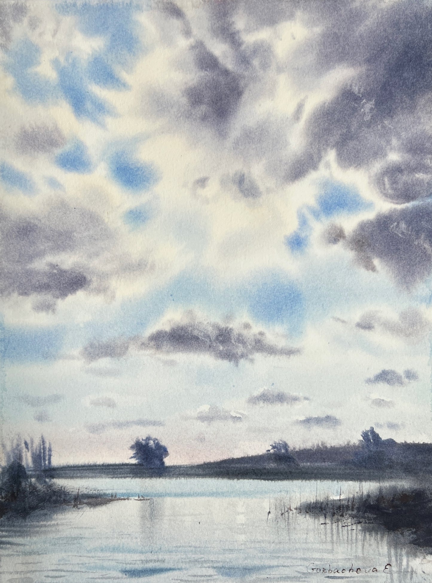 Painting, Watercolor Original, Landscape Art - Clouds over the River #6