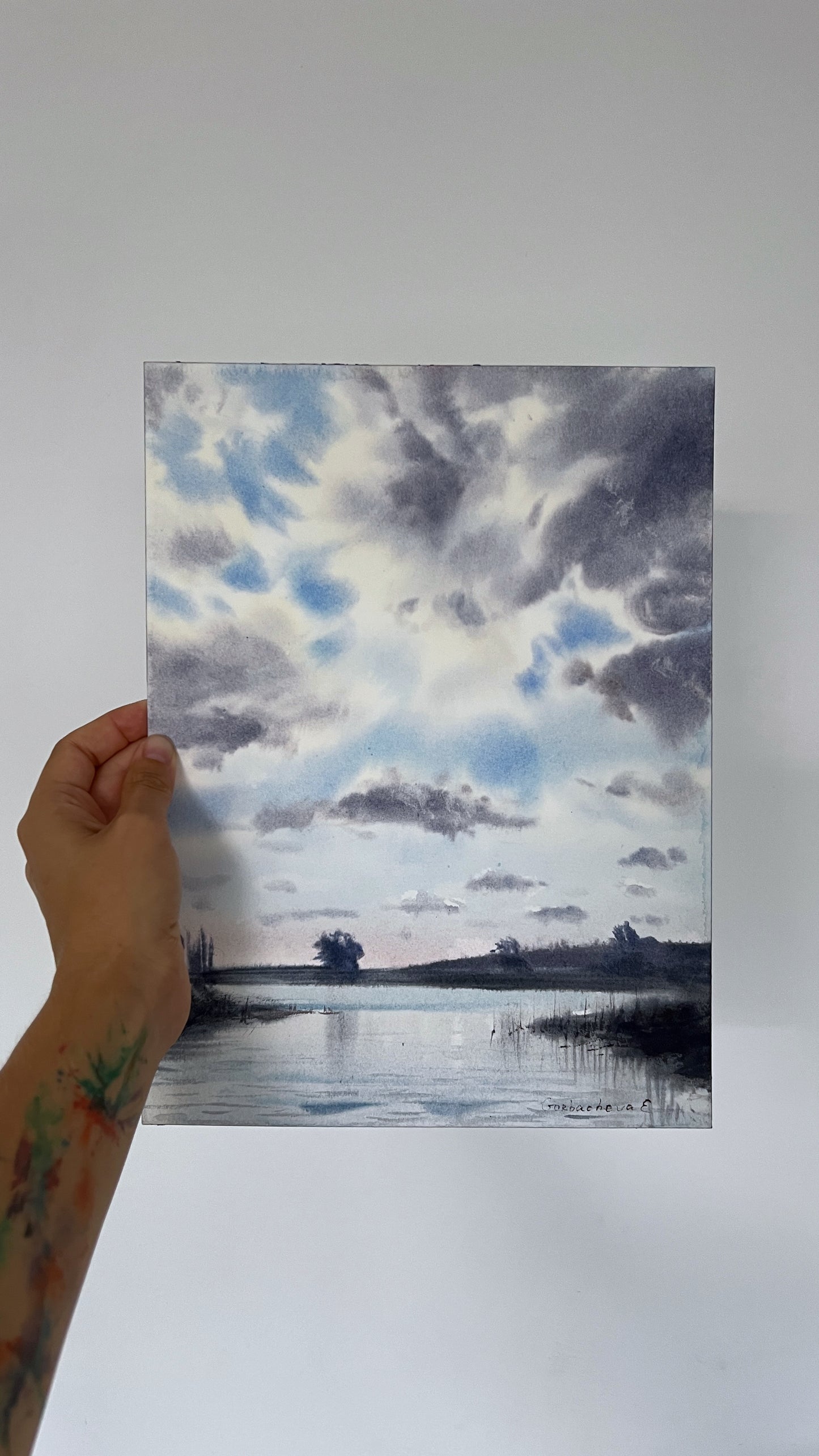Painting, Watercolor Original, Landscape Art - Clouds over the River #6