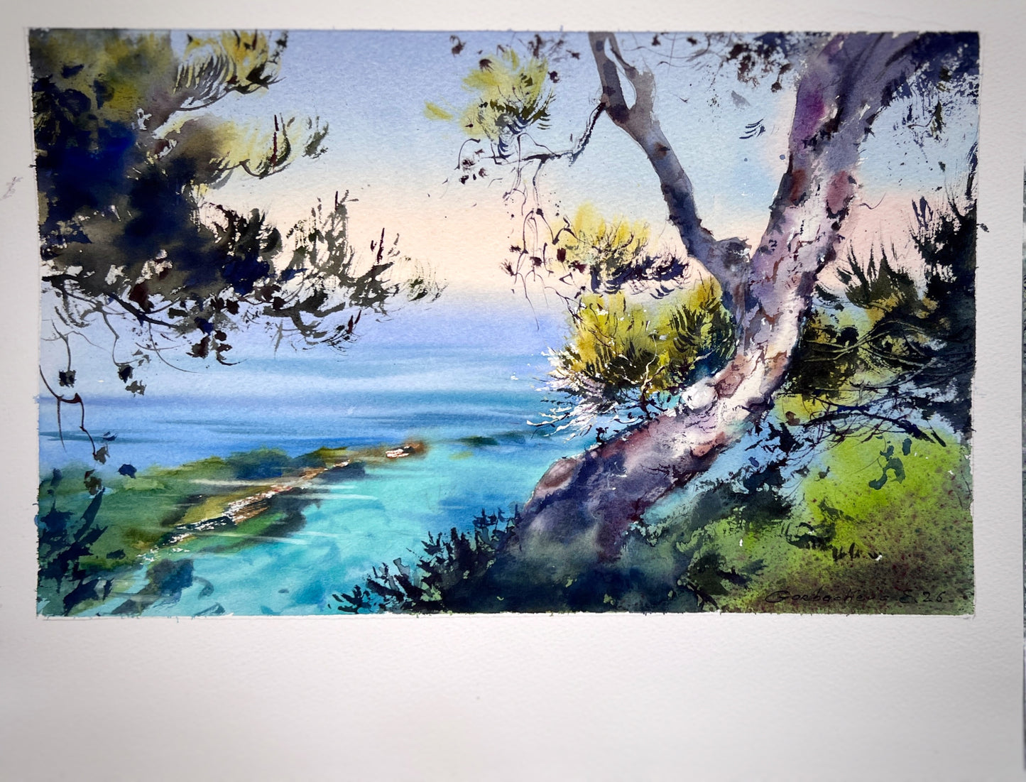 Original Italy Watercolor Painting, Italian Coastal Landscape, The azure serenity of Italy 9x15