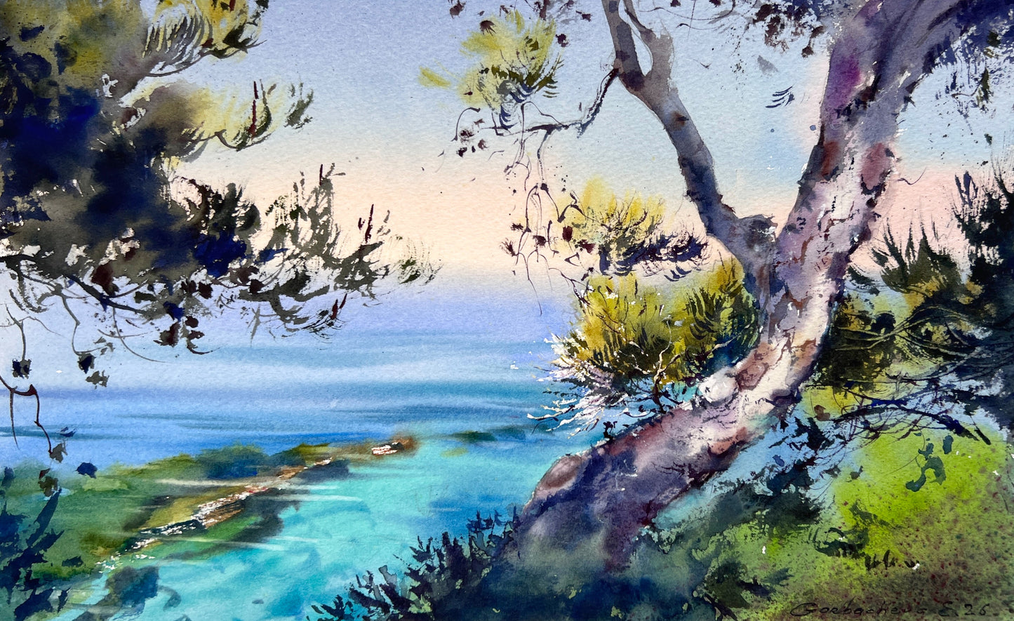 Original Italy Watercolor Painting, Italian Coastal Landscape, The azure serenity of Italy 9x15