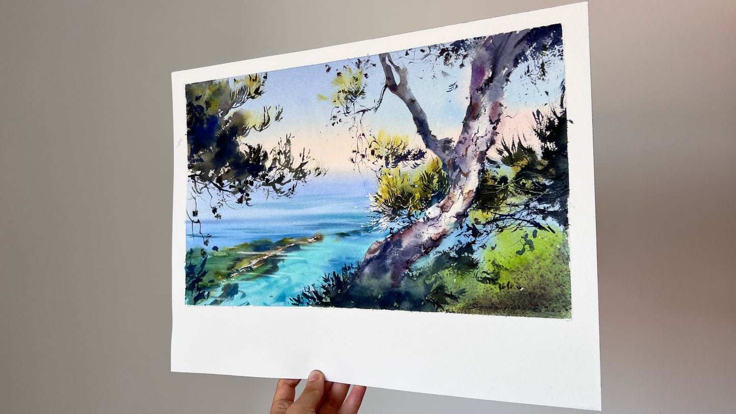 Original Italy Watercolor Painting, Italian Coastal Landscape, The azure serenity of Italy 9x15