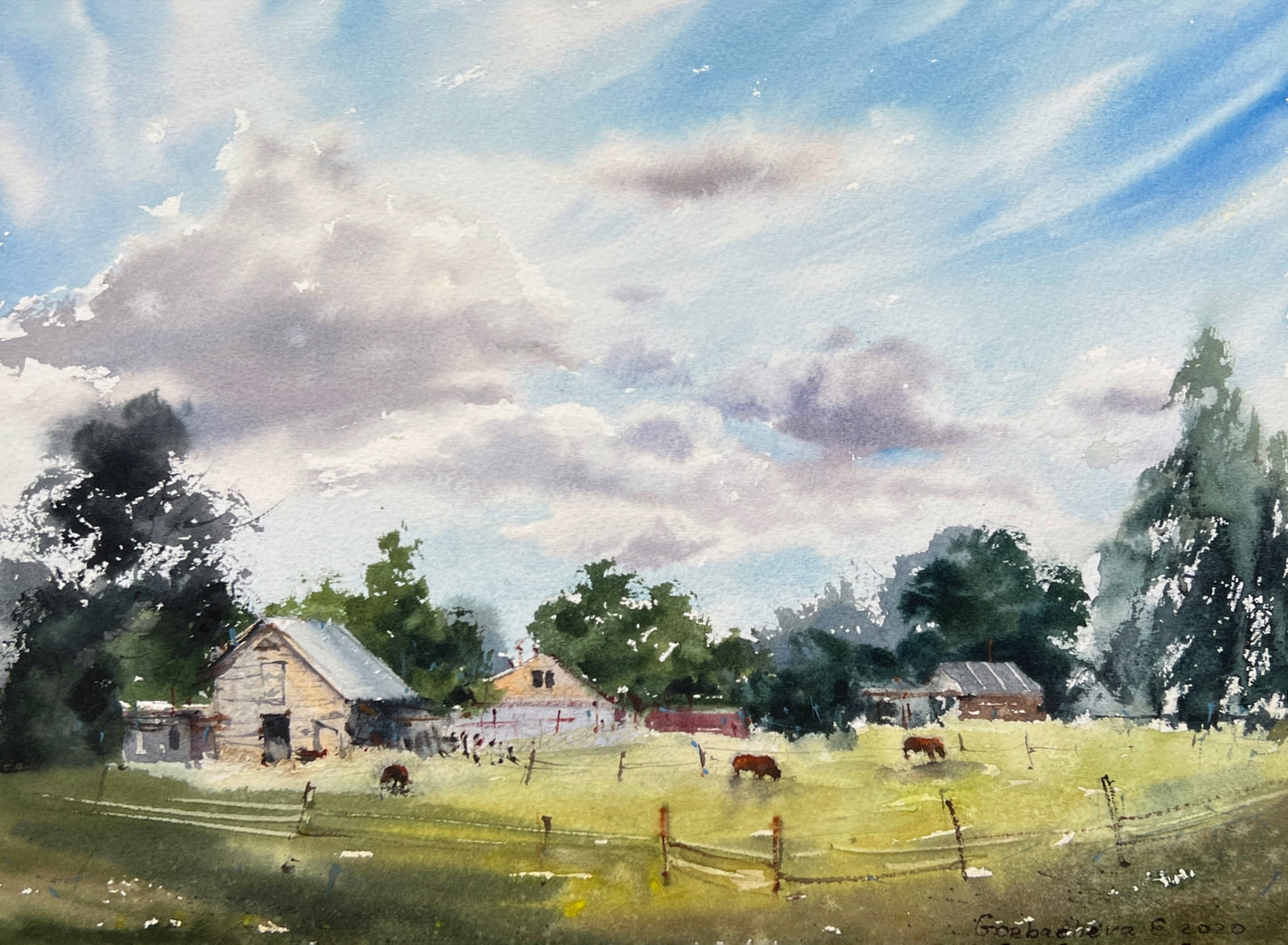 Summer Farm Painting Watercolor Original, Farmhouse Art Decor, Country Landscape With Cows & Barn, Scenery Painting