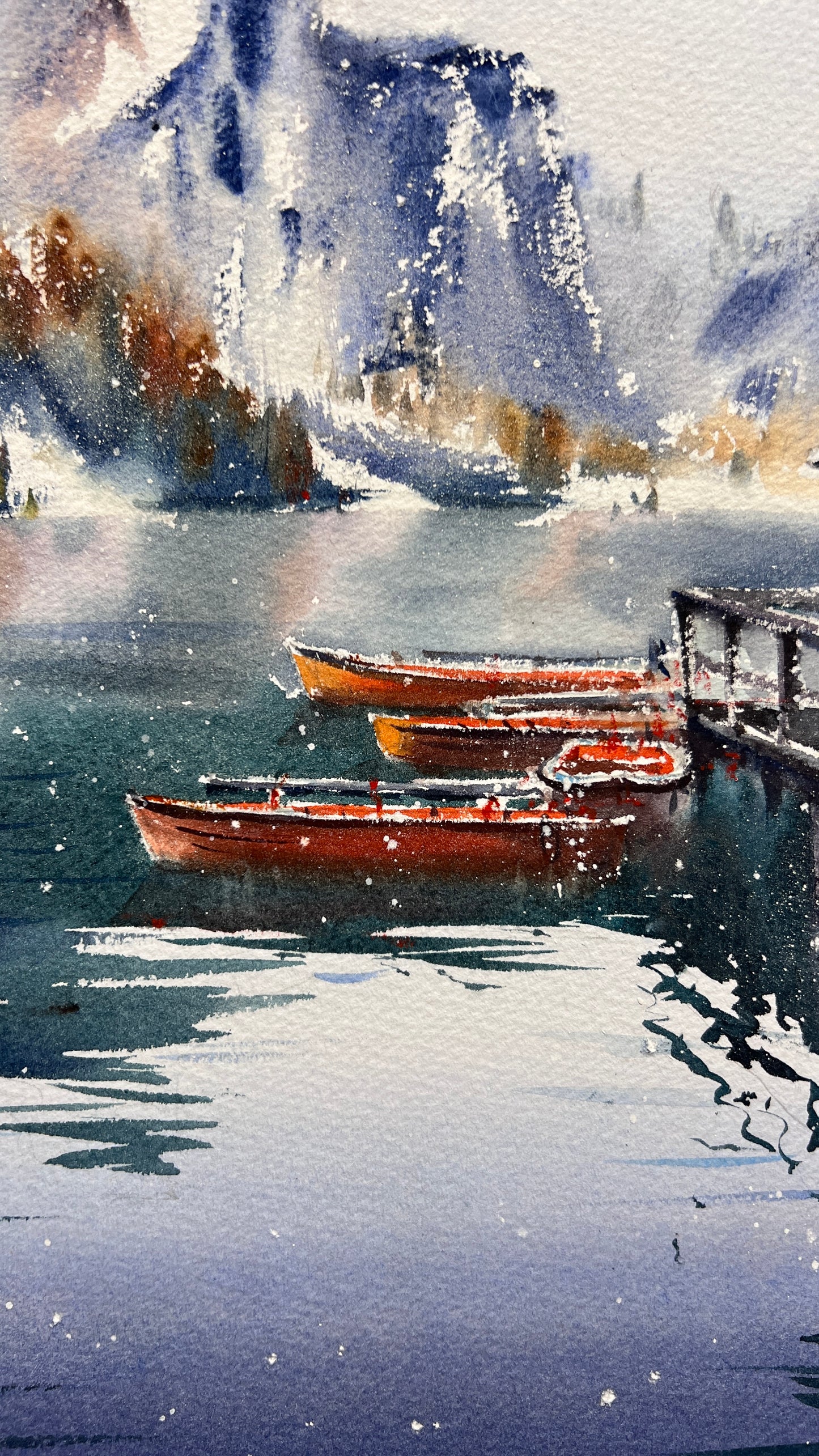 Original Lago di Braies Painting, Italian Lake Watercolor Art, Boats on Lake Braies, Italy 12x16