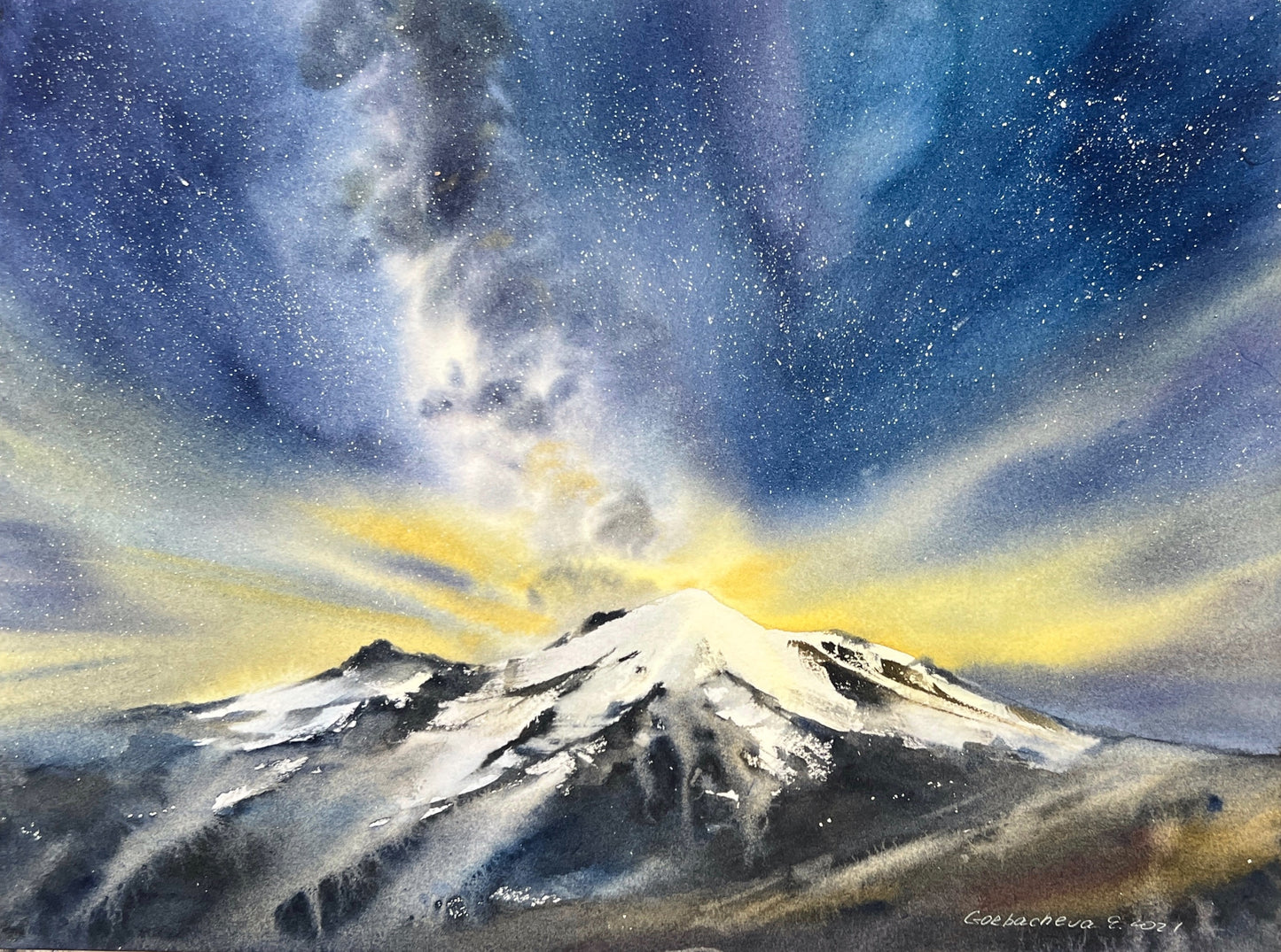 Starry Night Painting Original, Watercolor Milky Way, Mountain Art, Landscape Artwork, Galaxy Wall Decor