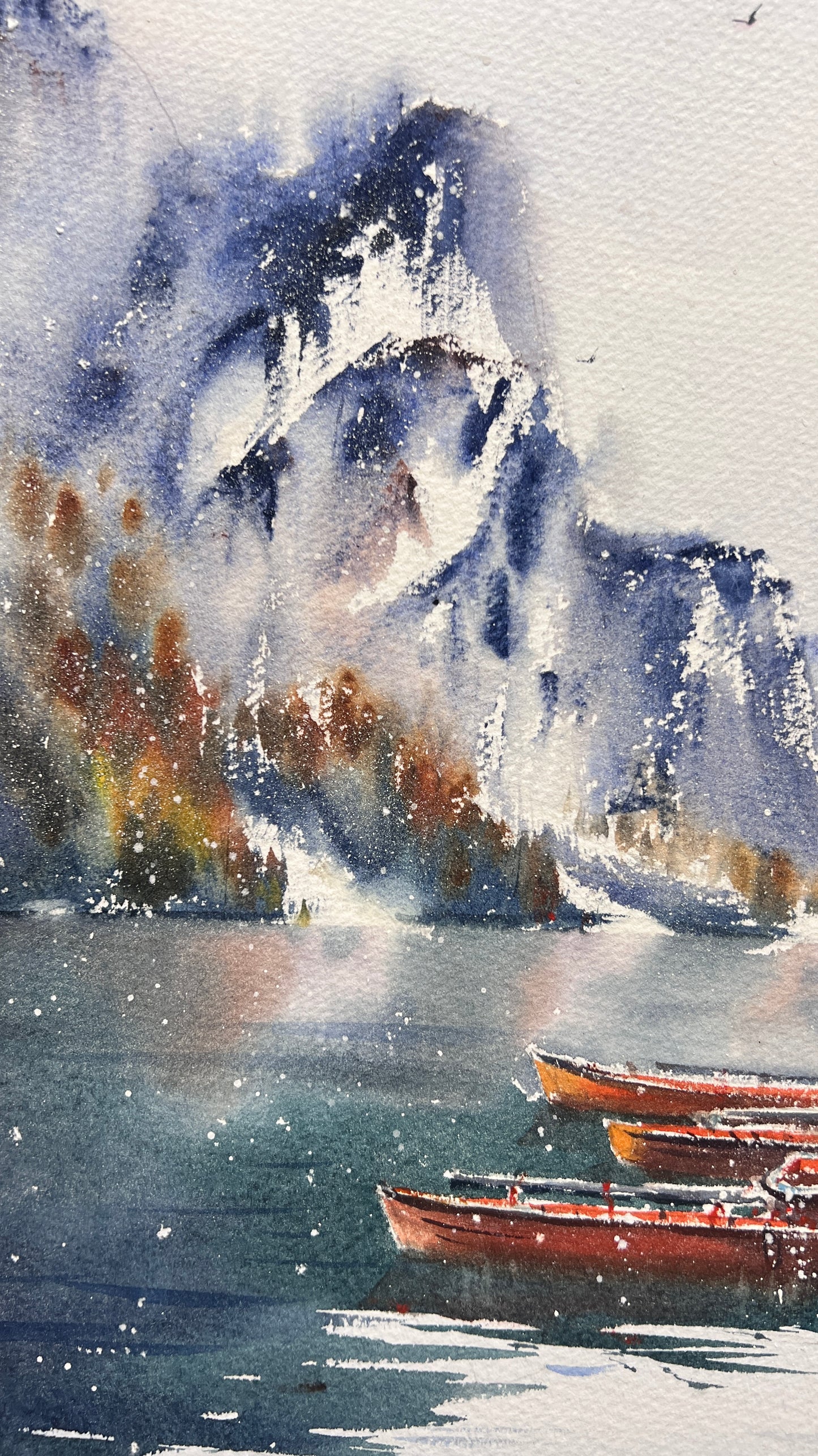 Original Lago di Braies Painting, Italian Lake Watercolor Art, Boats on Lake Braies, Italy 12x16