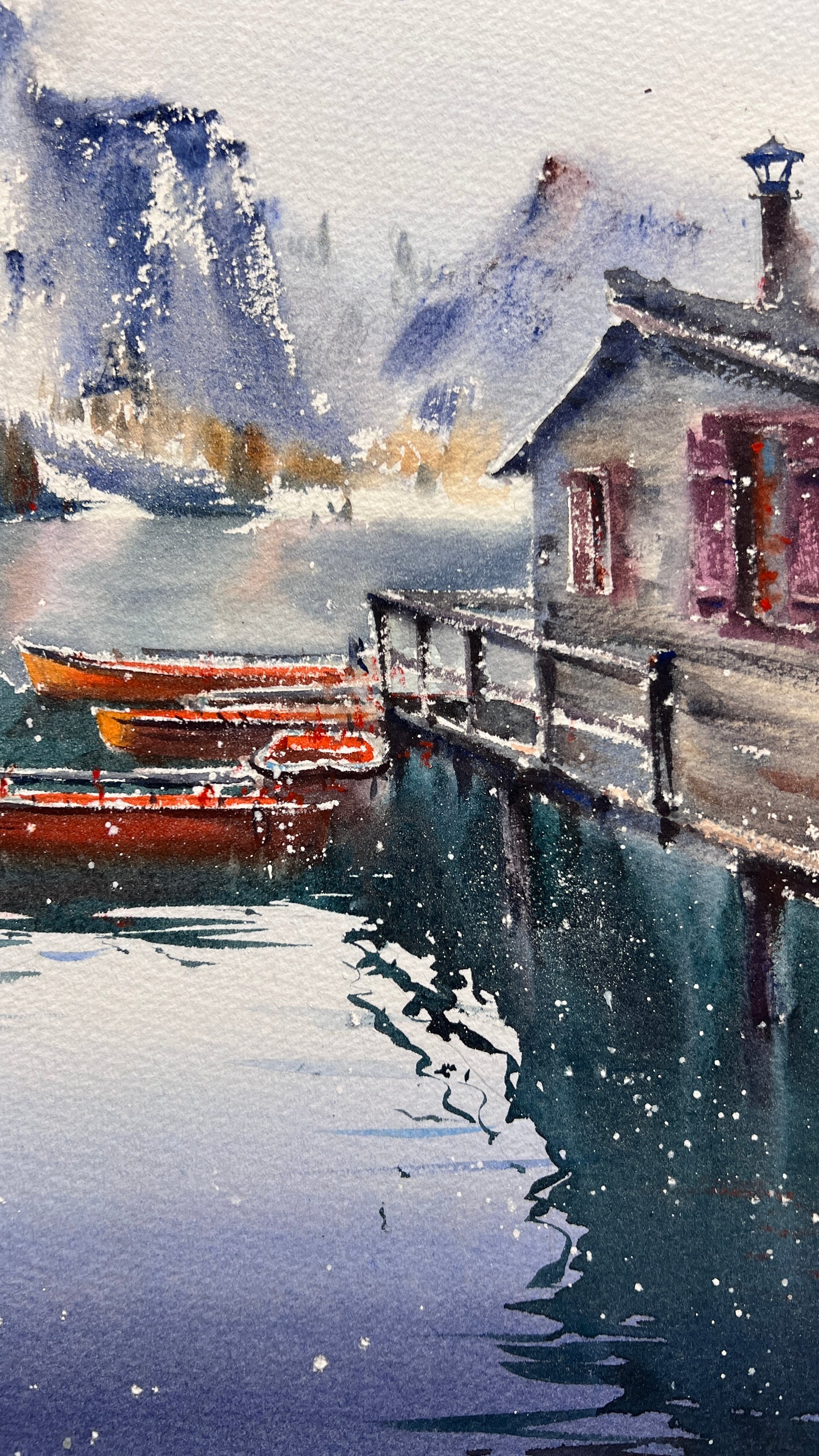 Original Lago di Braies Painting, Italian Lake Watercolor Art, Boats on Lake Braies, Italy 12x16