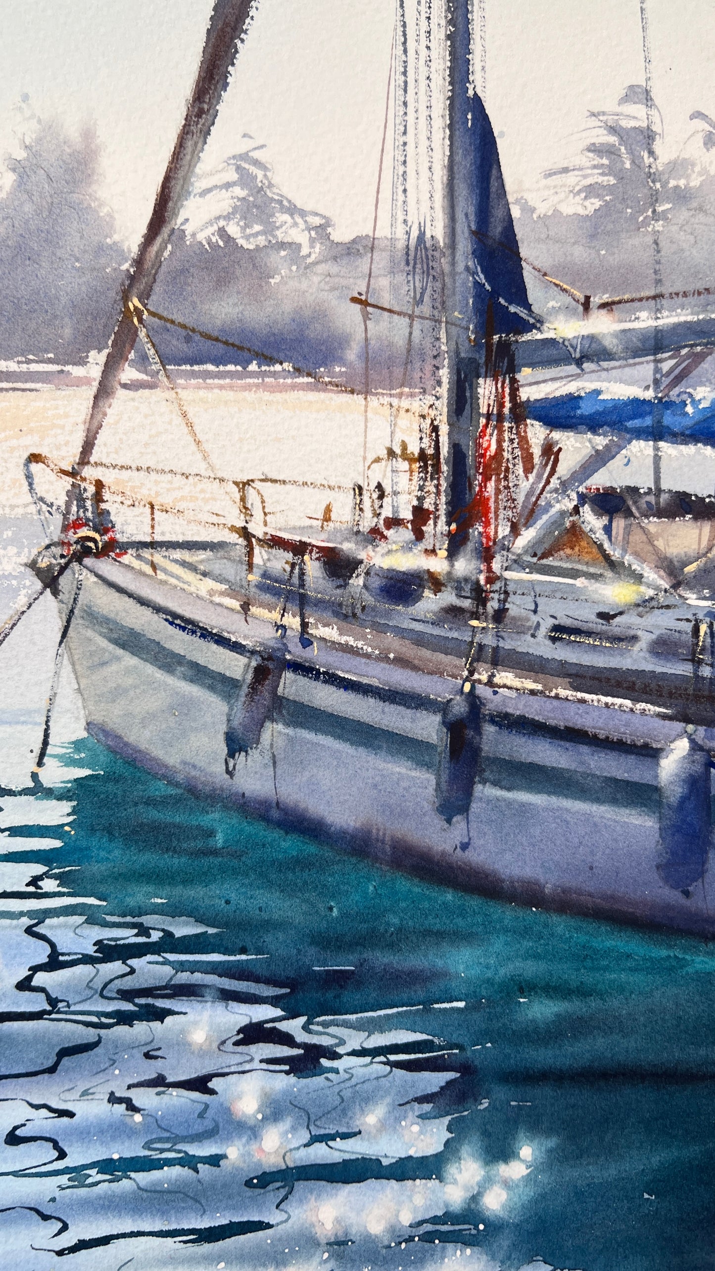 Original Watercolor Sailboat Painting, Marina Seascape, Dancing Reflections 12x16