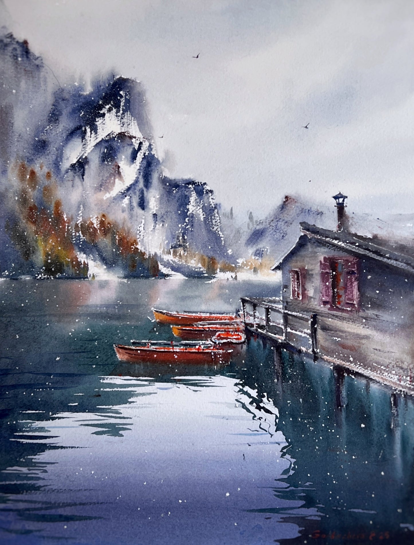 Original Lago di Braies Painting, Italian Lake Watercolor Art, Boats on Lake Braies, Italy 12x16