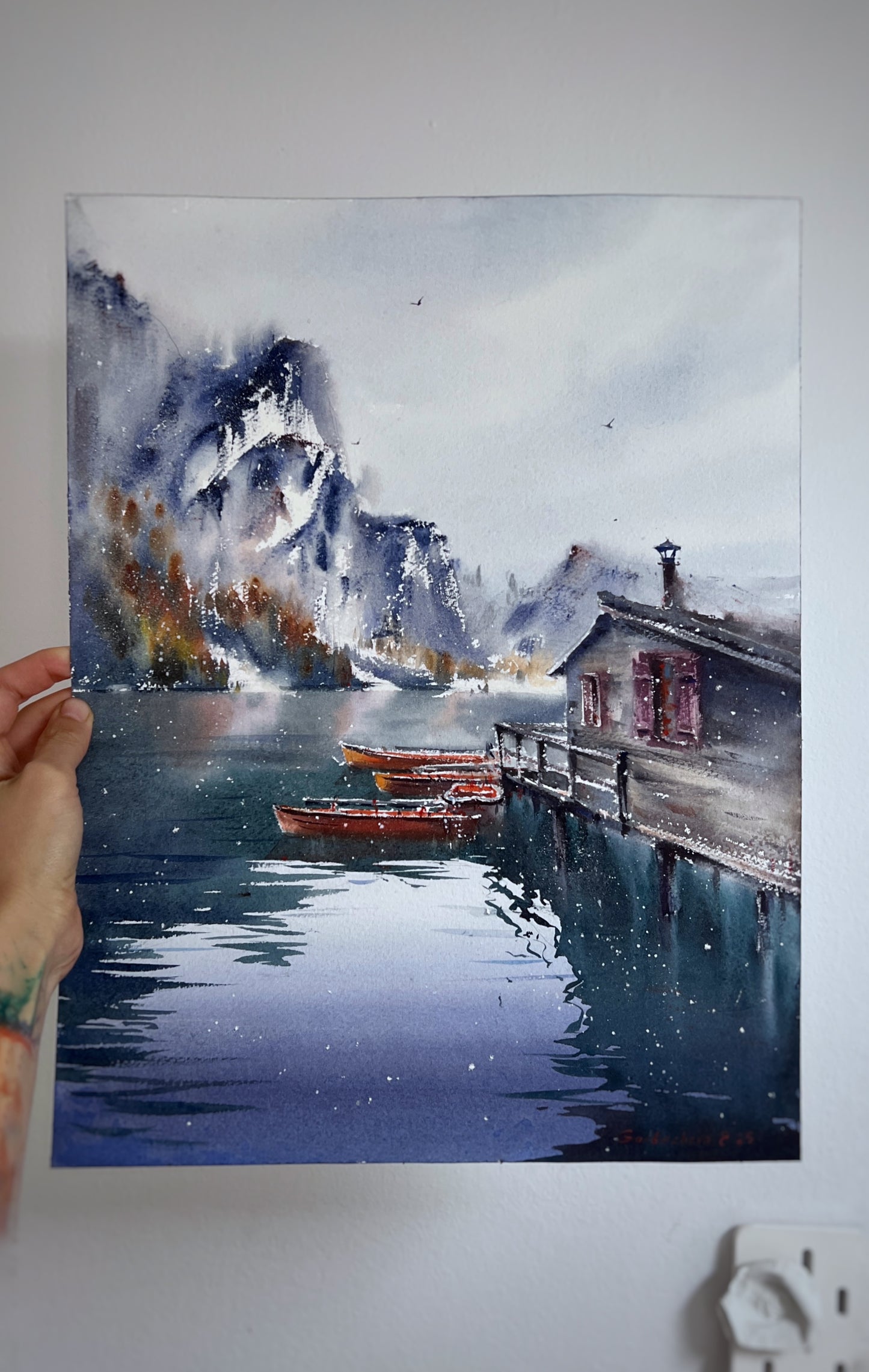 Original Lago di Braies Painting, Italian Lake Watercolor Art, Boats on Lake Braies, Italy 12x16