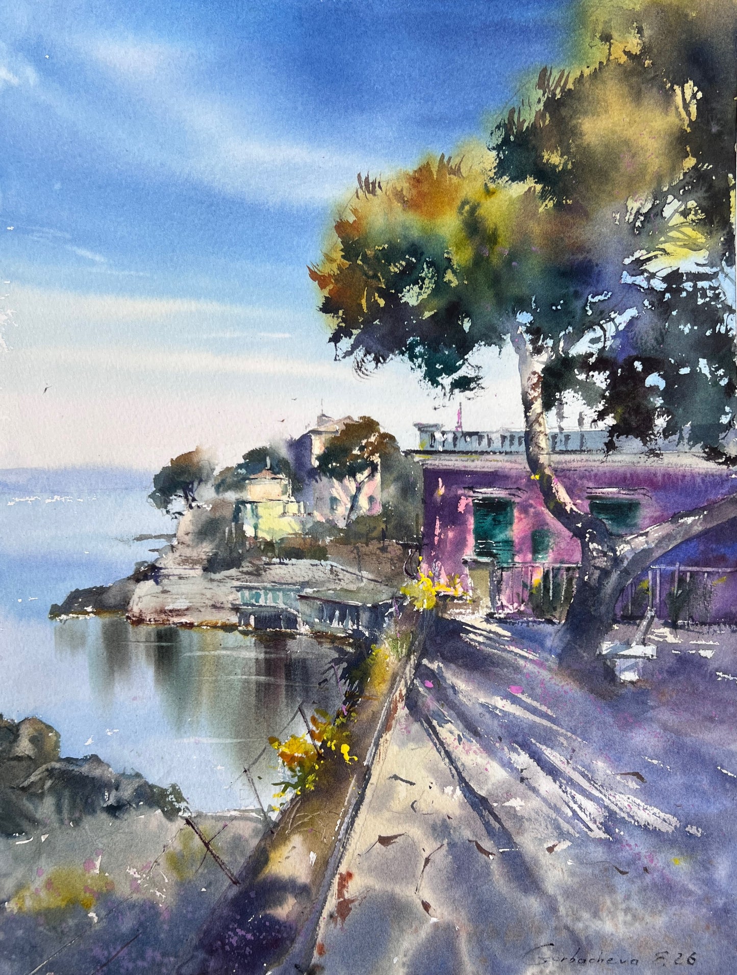 Original Watercolor Painting Liguria Italy Coastal Landscape, Blue Italian Morning. Liguria 12x16