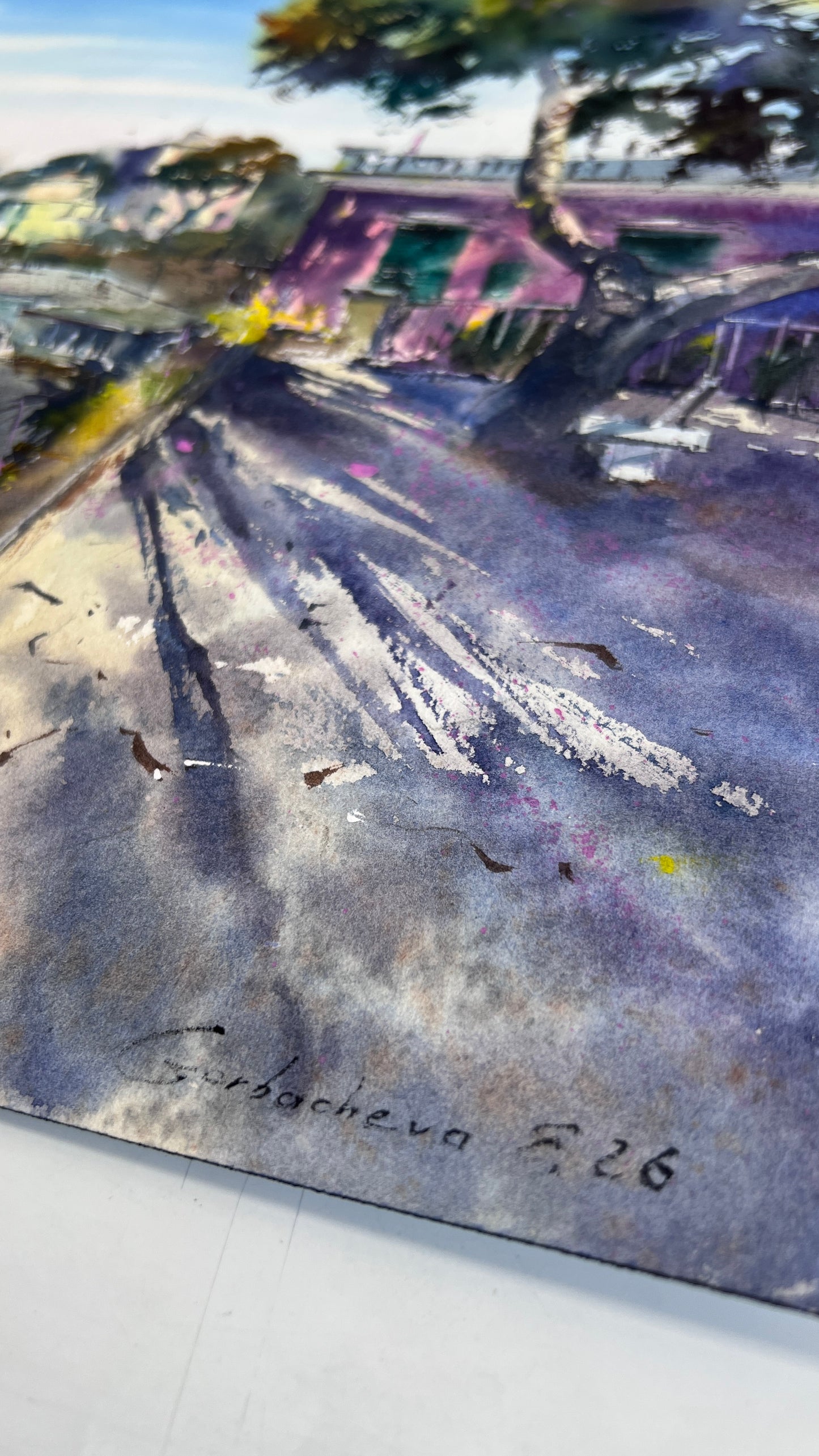 Original Watercolor Painting Liguria Italy Coastal Landscape, Blue Italian Morning. Liguria 12x16