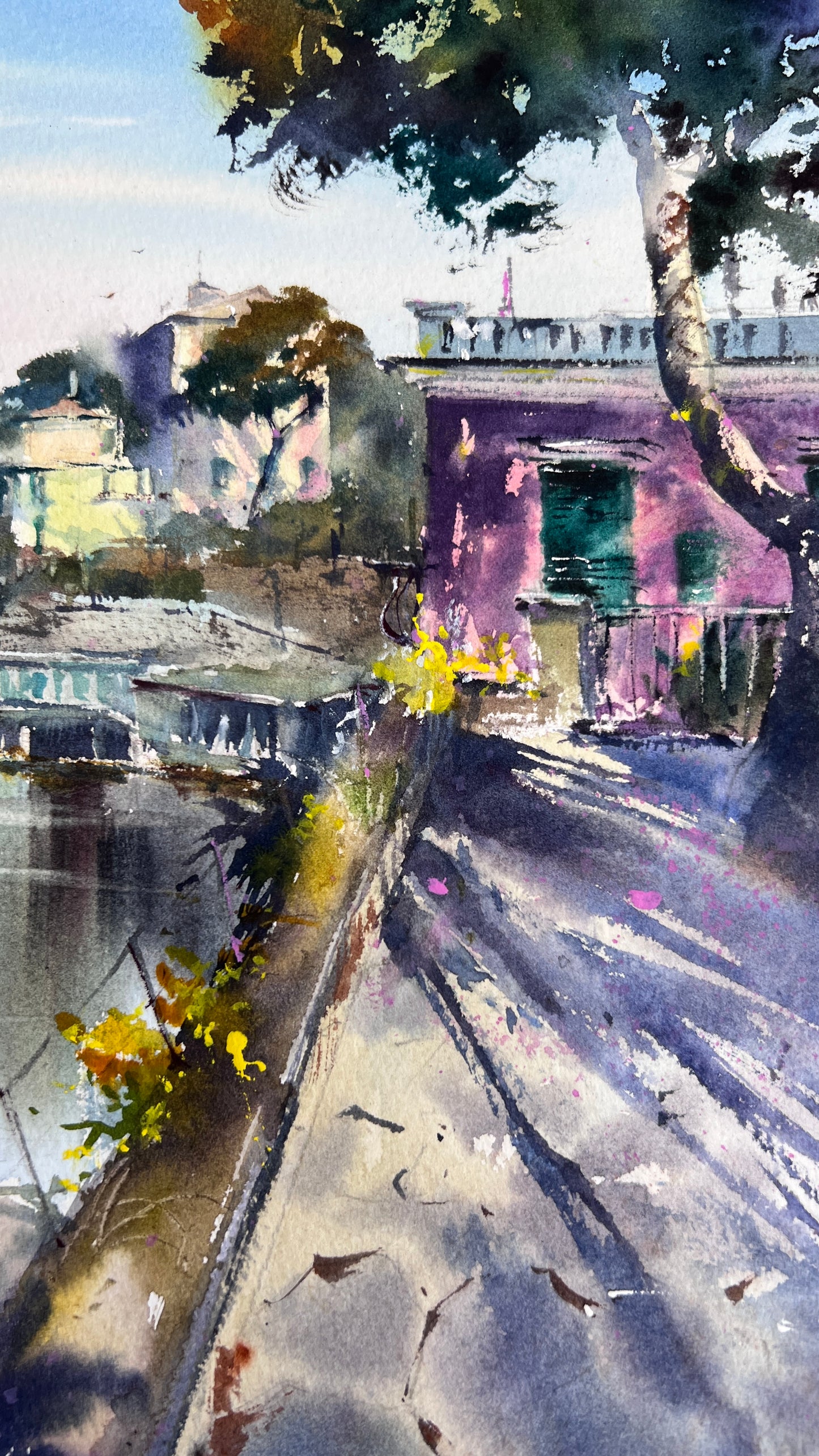 Original Watercolor Painting Liguria Italy Coastal Landscape, Blue Italian Morning. Liguria 12x16