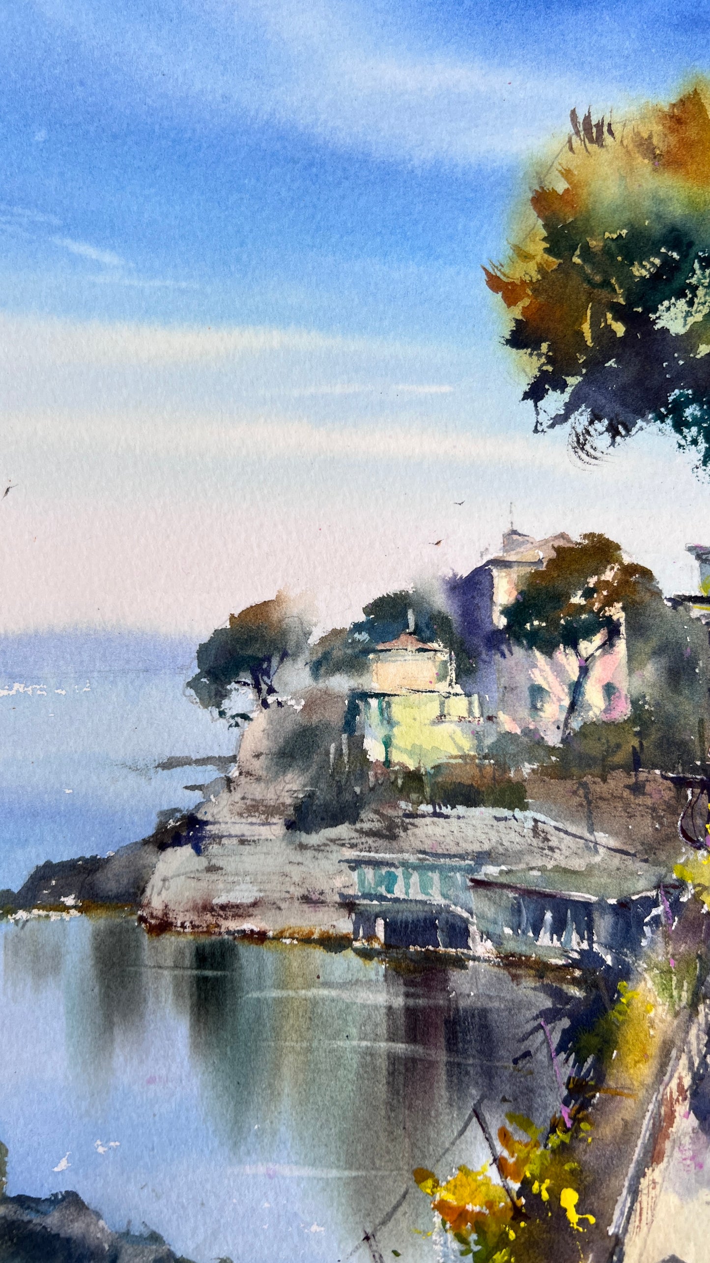 Original Watercolor Painting Liguria Italy Coastal Landscape, Blue Italian Morning. Liguria 12x16