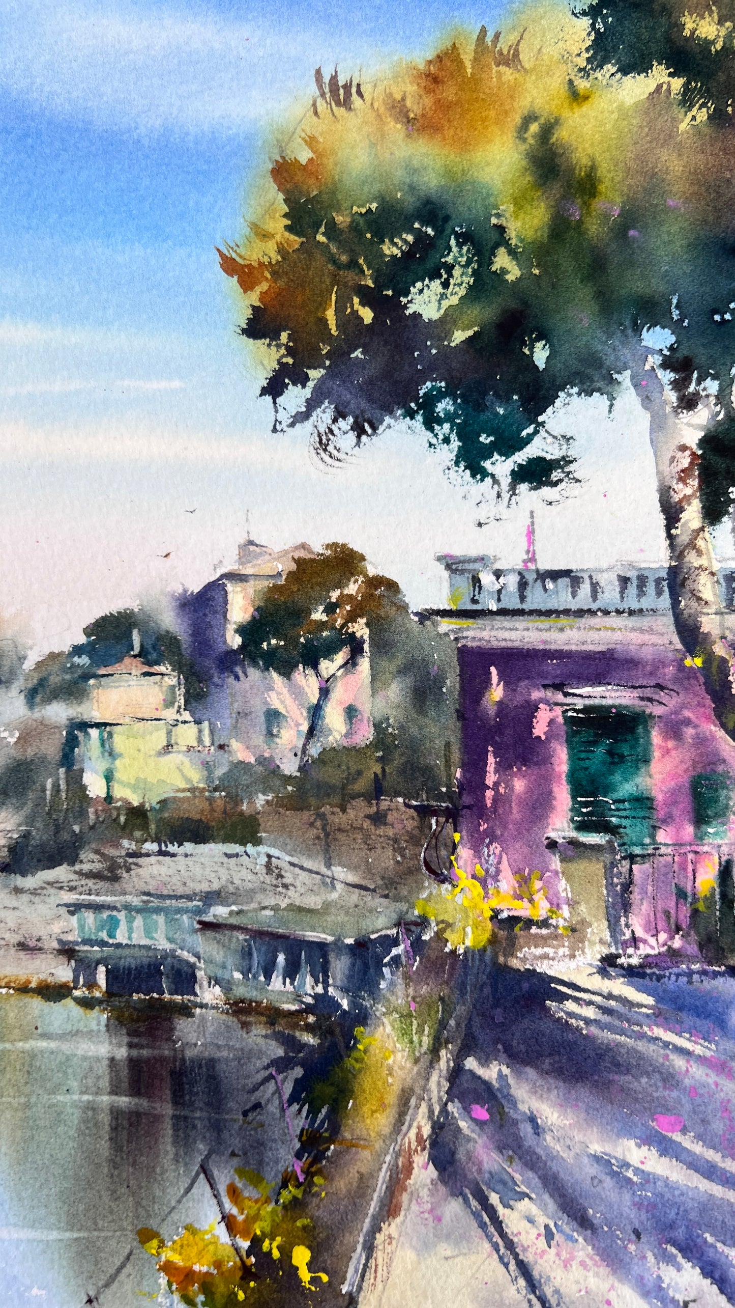 Original Watercolor Painting Liguria Italy Coastal Landscape, Blue Italian Morning. Liguria 12x16