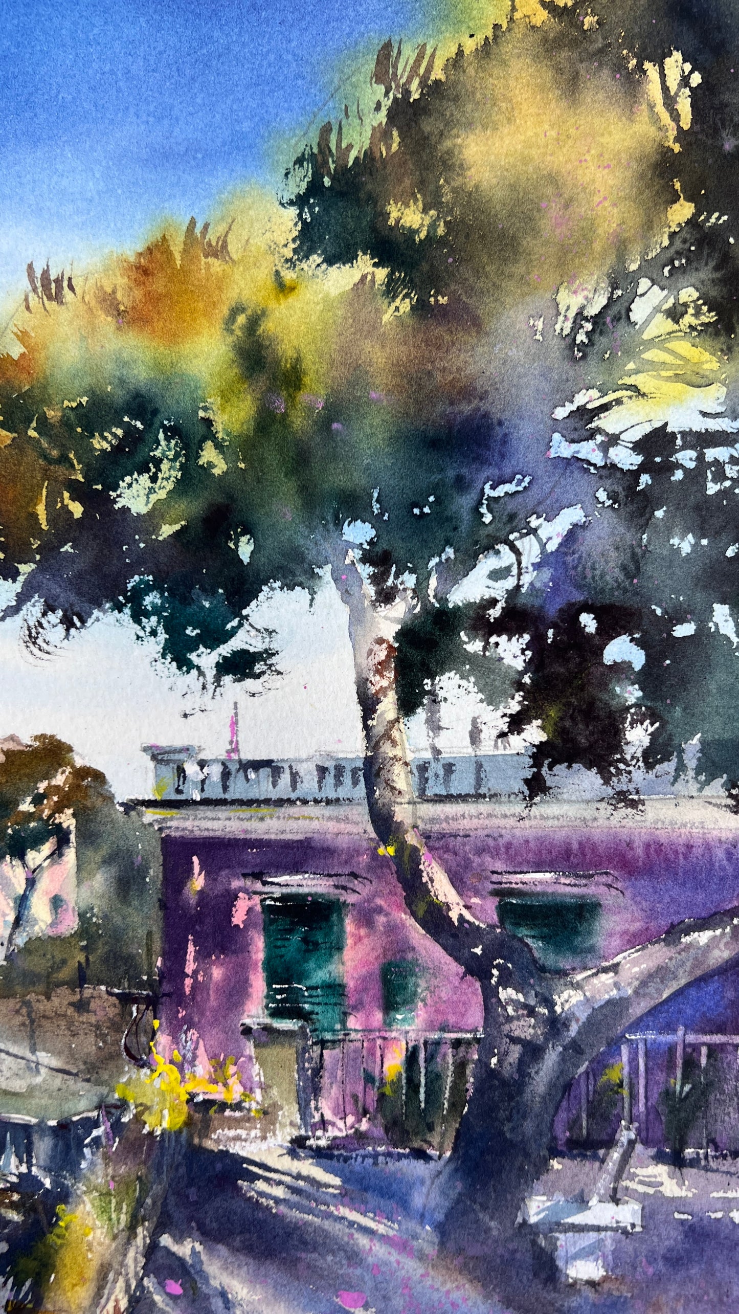 Original Watercolor Painting Liguria Italy Coastal Landscape, Blue Italian Morning. Liguria 12x16